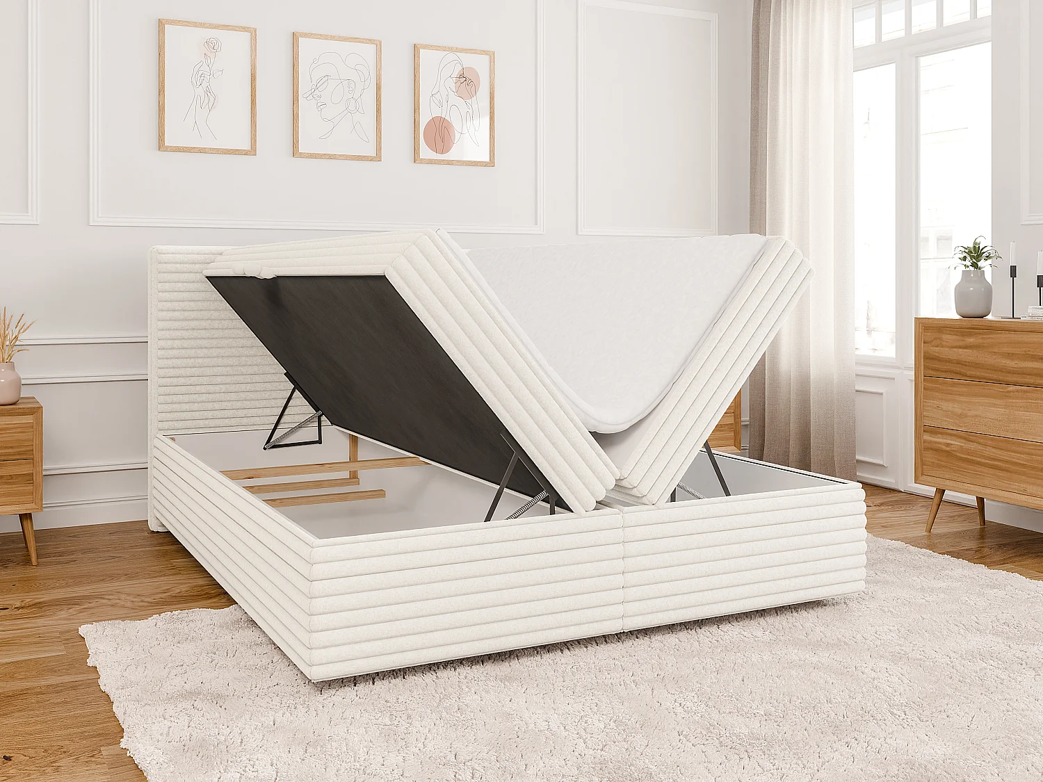 Stella - Boxspringbett 160x200 mit Topper und Bettkästen aus Hellbeige Plüschcord