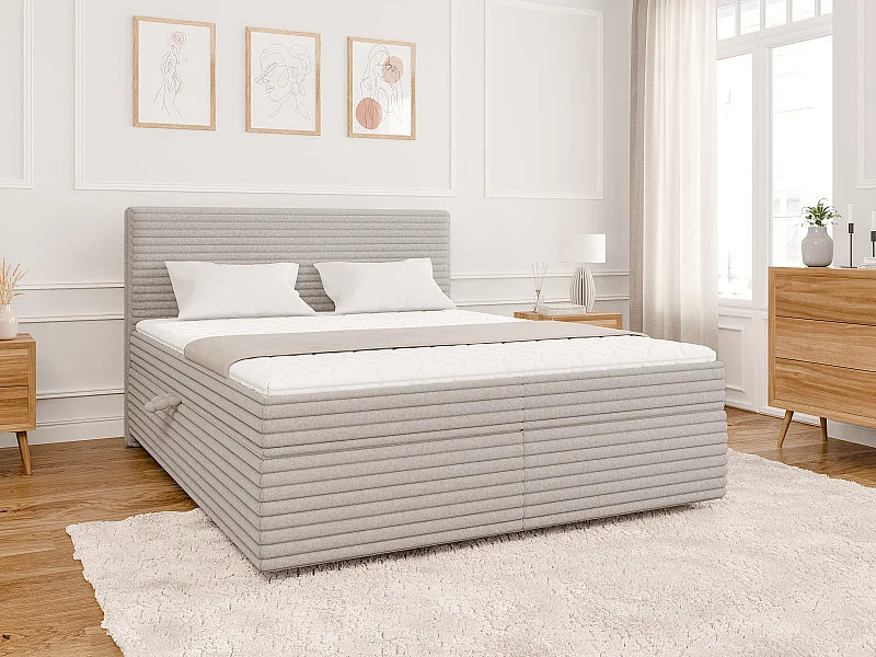 Stella - Boxspringbett 160x200 mit Topper und Bettkästen aus Hellgrau Plüschcord