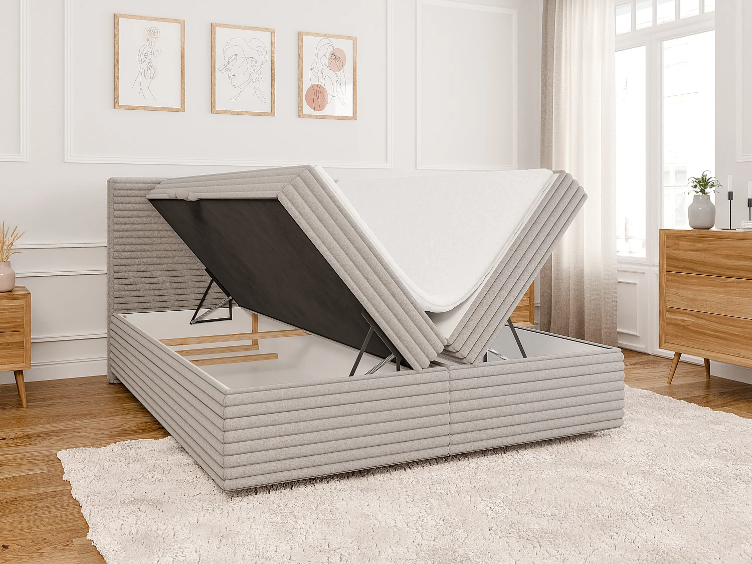 Stella - Boxspringbett 160x200 mit Topper und Bettkästen aus Hellgrau Plüschcord