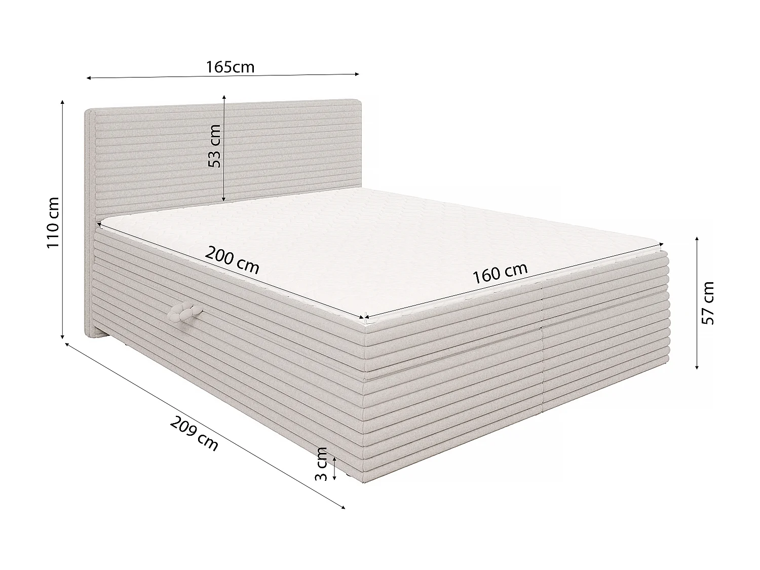 Stella - Boxspringbett 160x200 mit Topper und Bettkästen aus Hellgrau Plüschcord