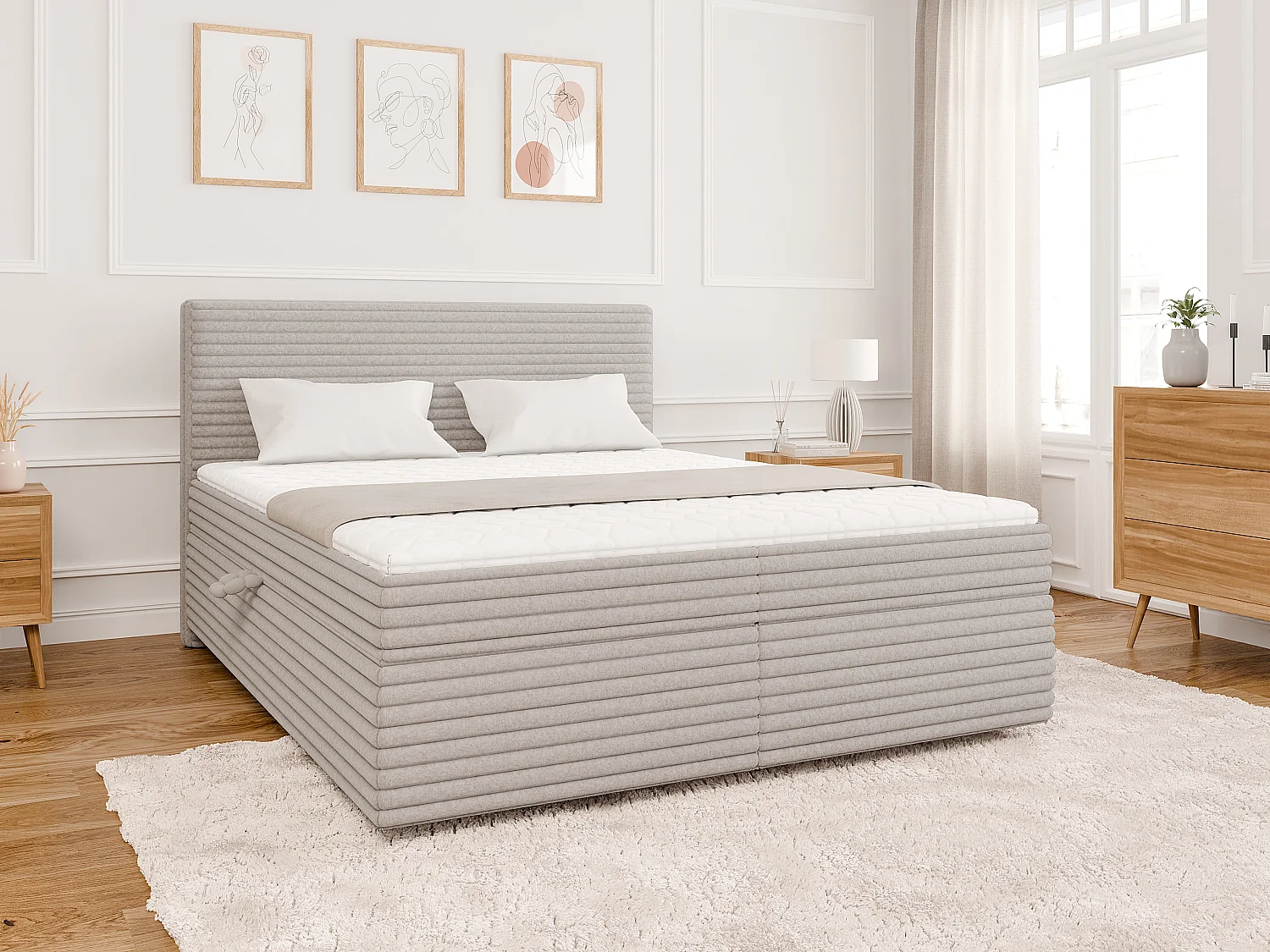 Stella - Boxspringbett 160x200 mit Topper und Bettkästen aus Hellgrau Plüschcord