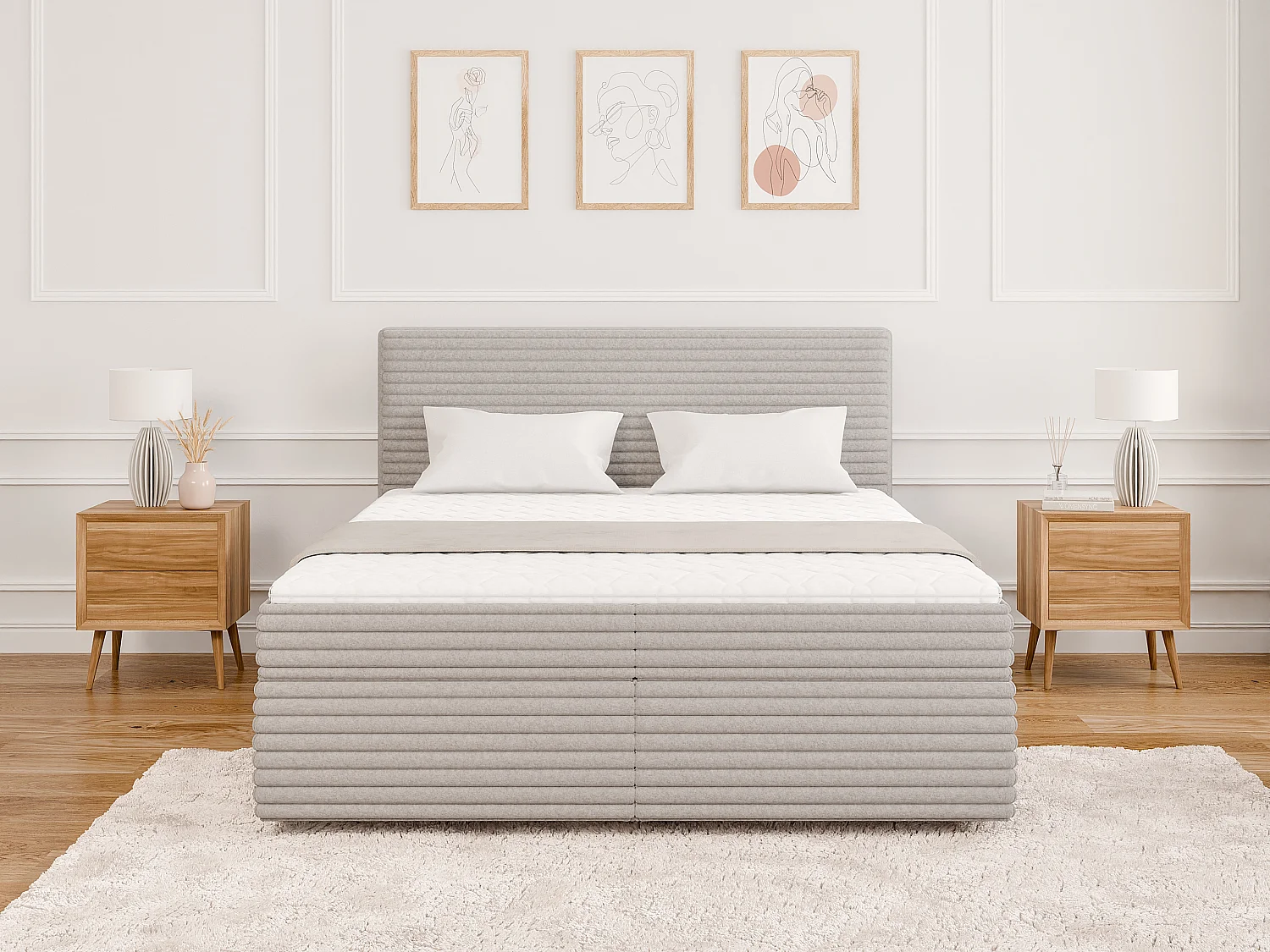 Stella - Boxspringbett 160x200 mit Topper und Bettkästen aus Hellgrau Plüschcord