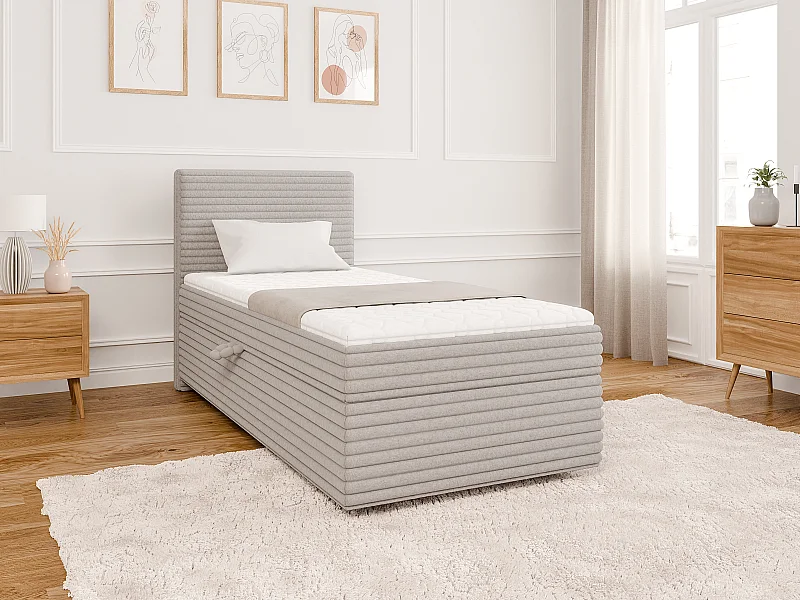 Stella - Boxspringbett 90x200 mit Topper und Bettkästen aus Hellgrau Plüschcord