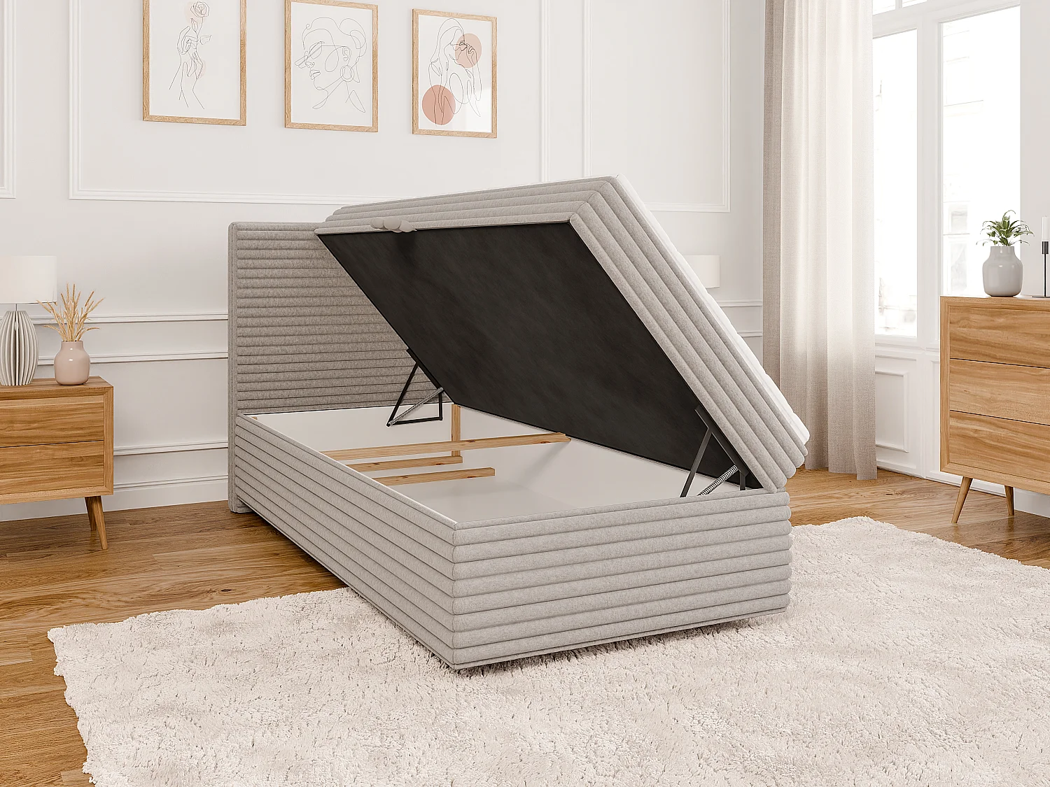 Stella - Boxspringbett 90x200 mit Topper und Bettkästen aus Hellgrau Plüschcord