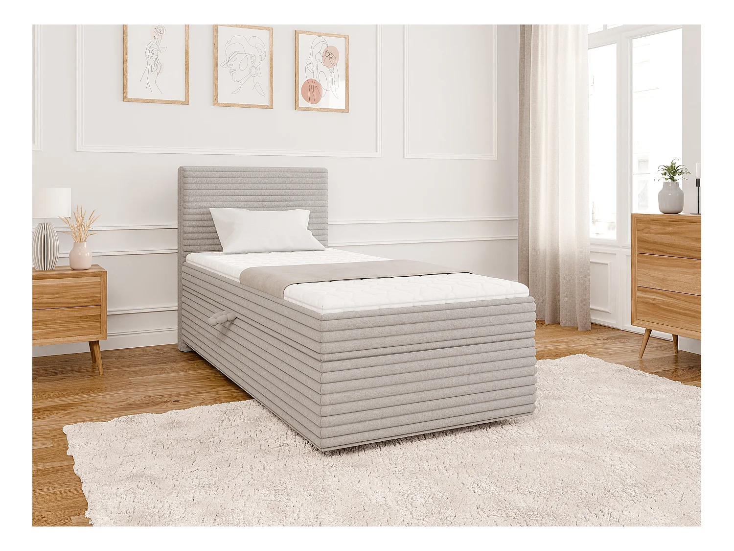 Stella - Boxspringbett 90x200 mit Topper und Bettkästen aus Hellgrau Plüschcord
