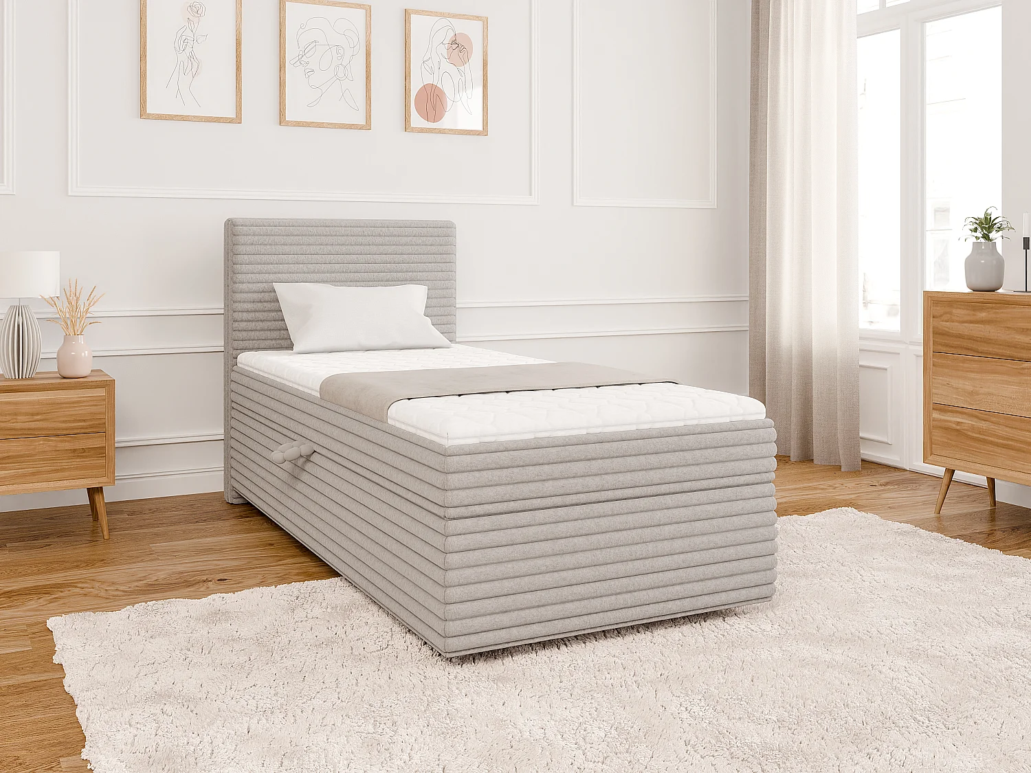 Stella - Boxspringbett 90x200 mit Topper und Bettkästen aus Hellgrau Plüschcord