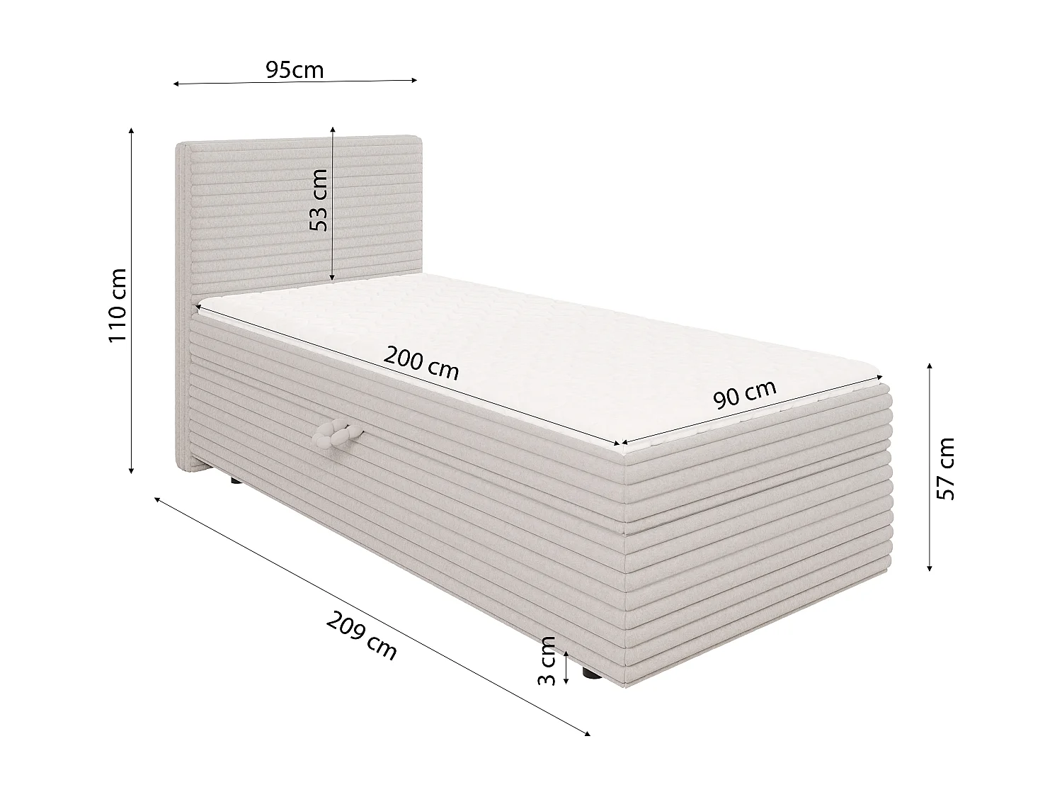 Stella - Boxspringbett 90x200 mit Topper und Bettkästen aus Hellgrau Plüschcord