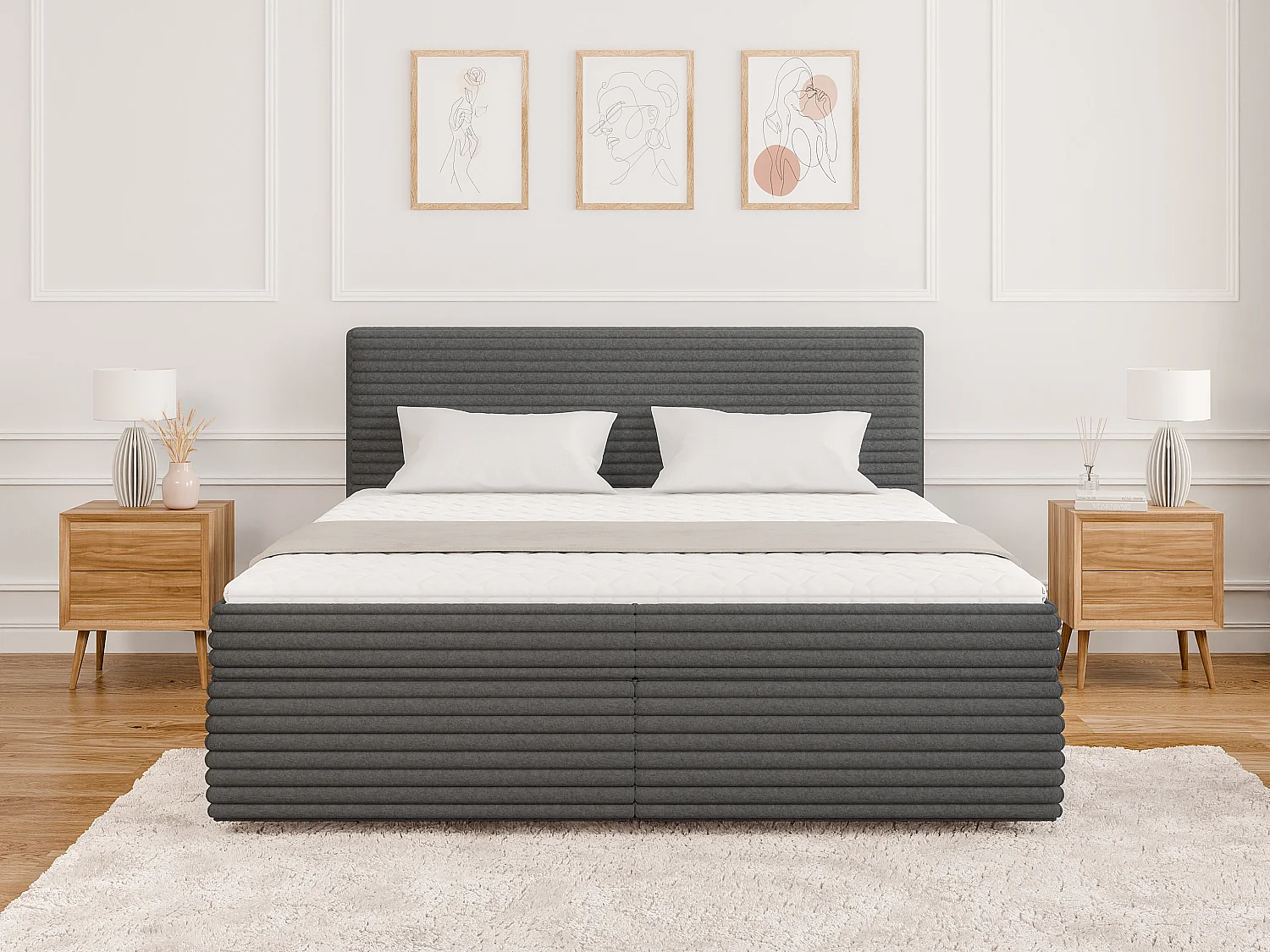 Stella - Boxspringbett 180x200 mit Topper und Bettkästen aus Dunkelgrau Plüschcord