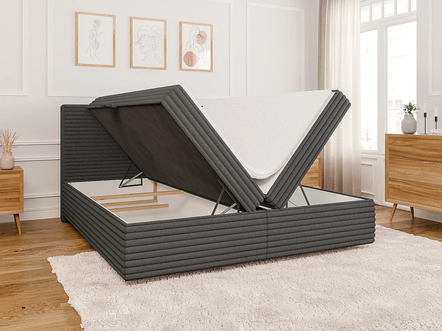 Stella - Boxspringbett 180x200 mit Topper und Bettkästen aus Dunkelgrau Plüschcord