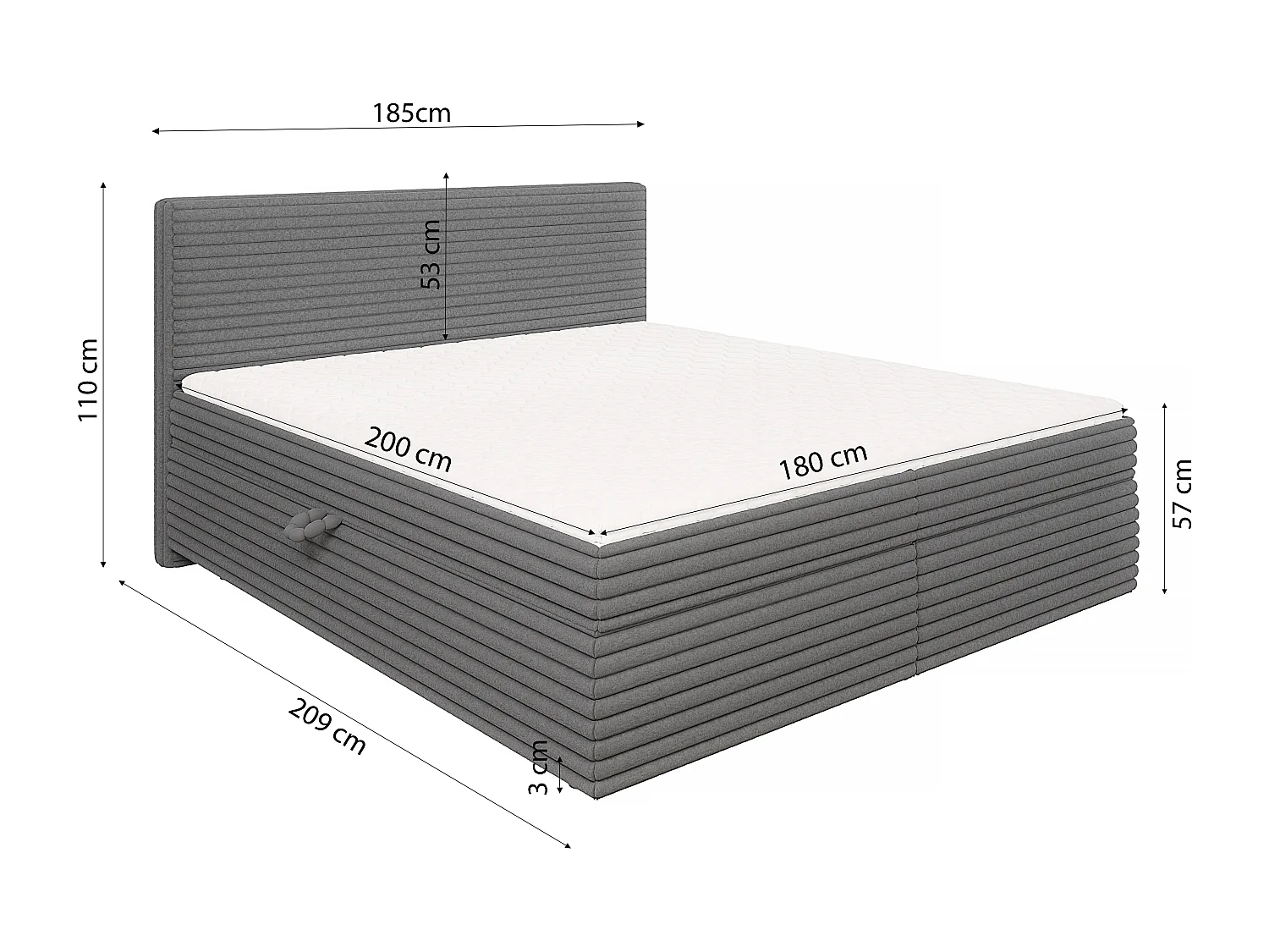 Stella - Boxspringbett 180x200 mit Topper und Bettkästen aus Dunkelgrau Plüschcord