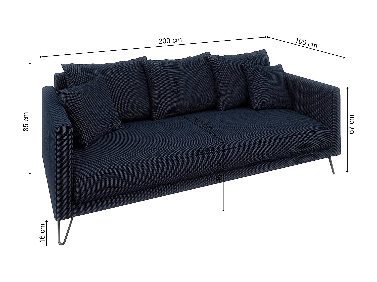 Harmony - Modernes Polstergarnitur 3+2+1 aus Marineblau  Chenille-Stoff mit Hohen Schwarzen Metallfüßen