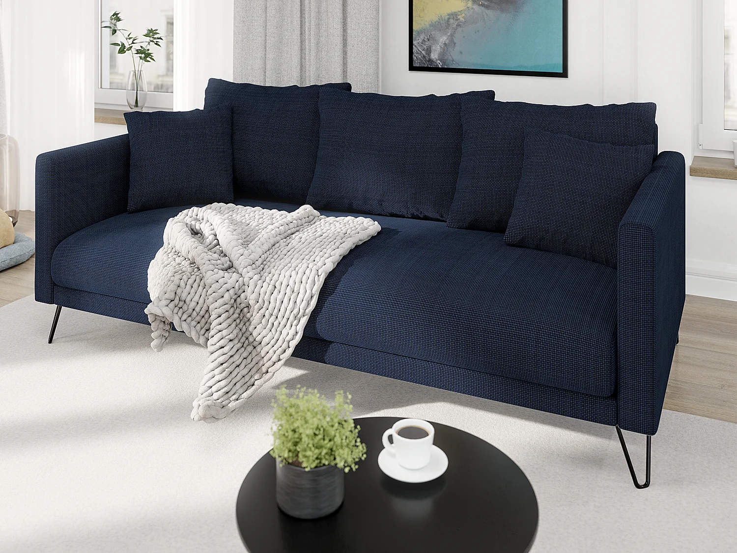 Harmony - Modernes Polstergarnitur 3+2+1 aus Marineblau  Chenille-Stoff mit Hohen Schwarzen Metallfüßen