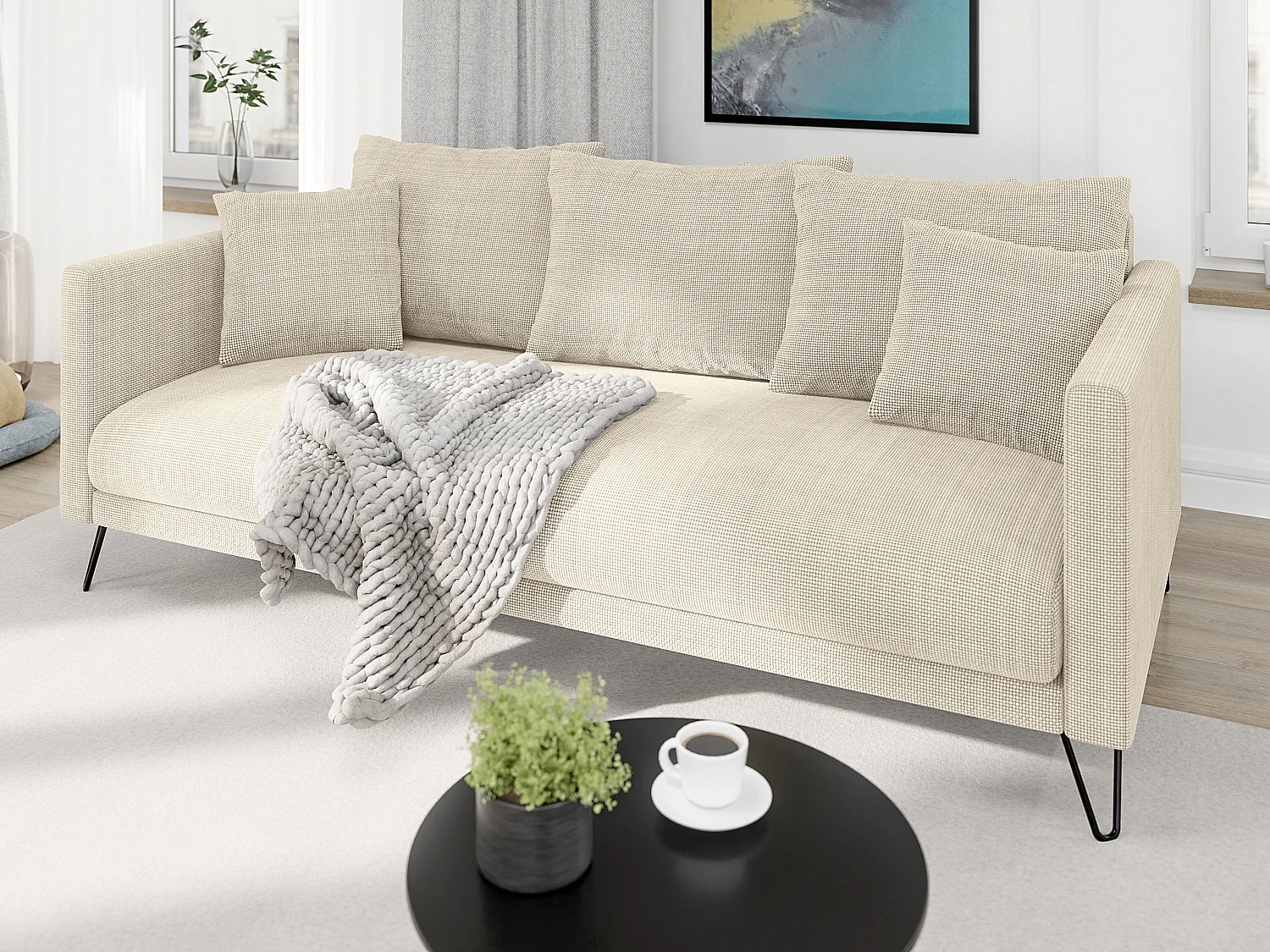 Harmony - Modernes Polstergarnitur 3+2+1 aus Beige Chenille-Stoff mit Hohen Schwarzen Metallfüßen