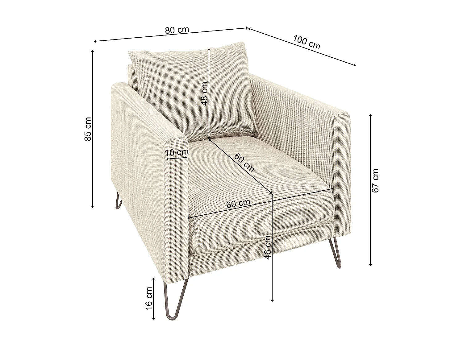 Harmony - Modernes Polstergarnitur 3+2+1 aus Beige Chenille-Stoff mit Hohen Schwarzen Metallfüßen