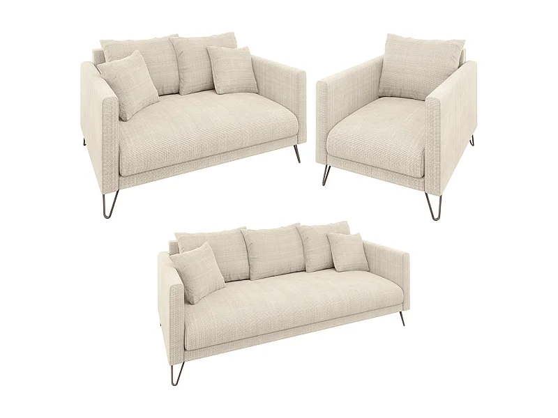 Harmony - Modernes Polstergarnitur 3+2+1 aus Beige Chenille-Stoff mit Hohen Schwarzen Metallfüßen