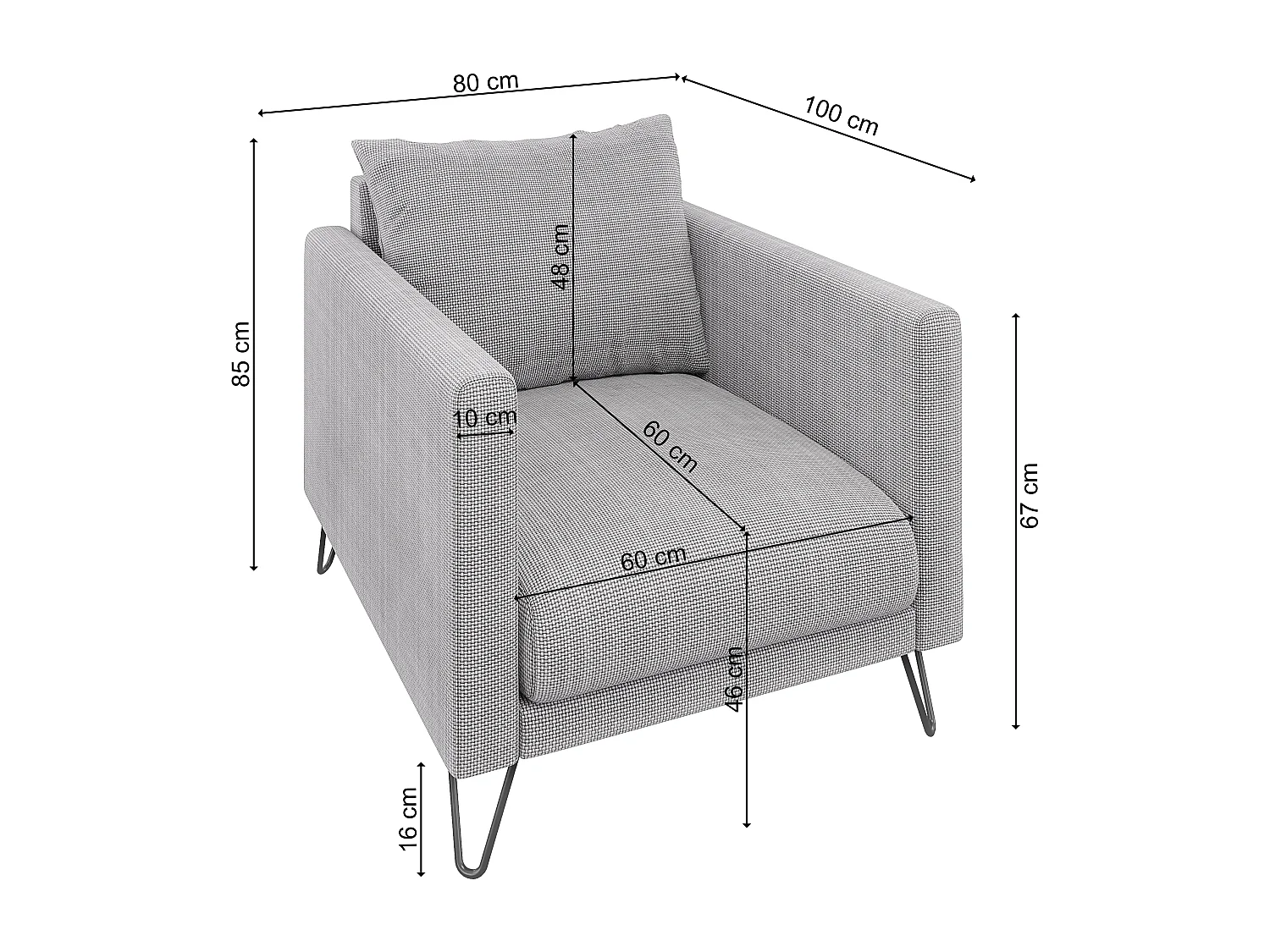 Harmony - Modernes Polstergarnitur 3+2+1 aus Hellgrau Chenille-Stoff mit Hohen Schwarzen Metallfüßen