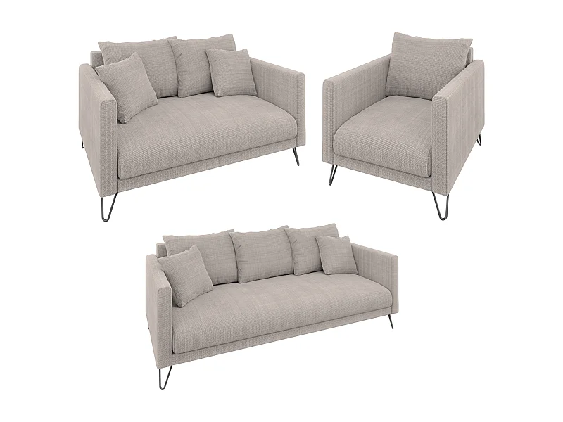 Harmony - Modernes Polstergarnitur 3+2+1 aus Taupe Chenille-Stoff mit Hohen Schwarzen Metallfüßen