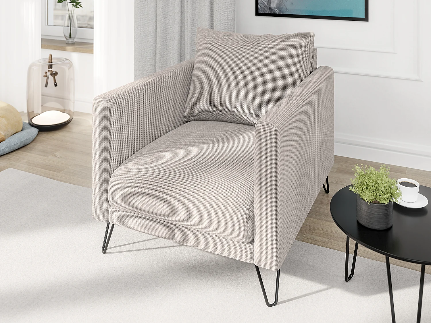 Harmony - Modernes Polstergarnitur 3+2+1 aus Taupe Chenille-Stoff mit Hohen Schwarzen Metallfüßen