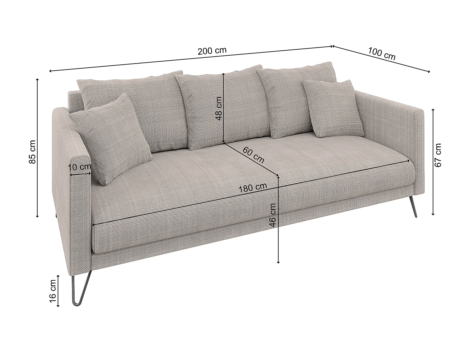 Harmony - Modernes Sofa 3-Sitzer aus Taupe Chenille-Stoff mit Hohen Schwarzen Metallfüßen