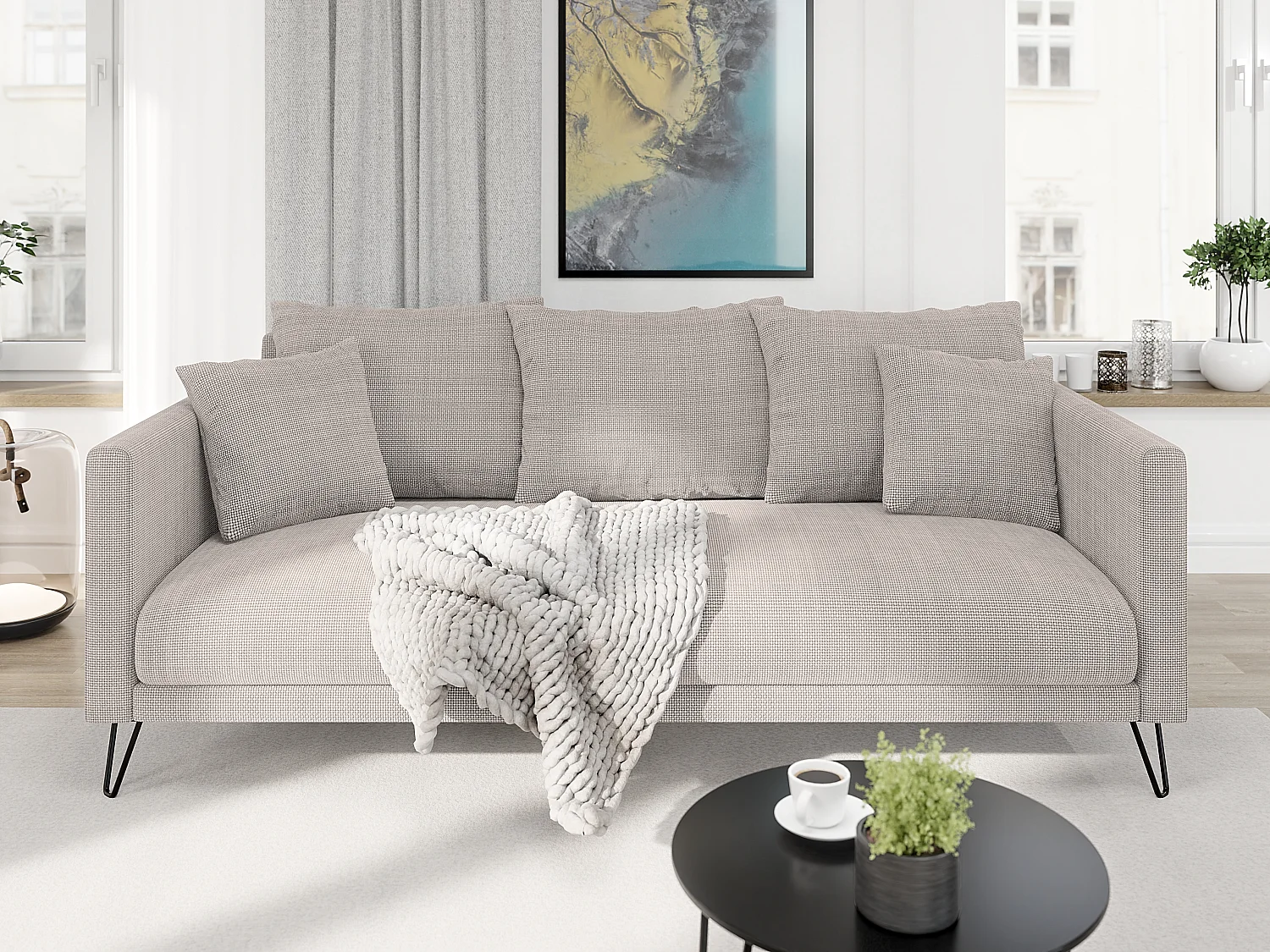 Harmony - Modernes Sofa 3-Sitzer aus Taupe Chenille-Stoff mit Hohen Schwarzen Metallfüßen