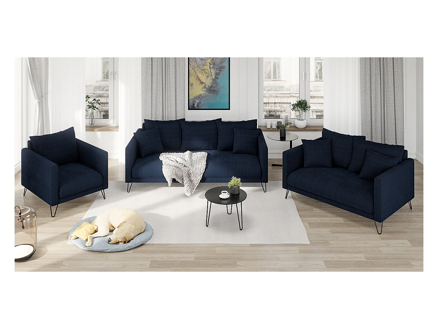 Harmony - Modernes Sofa 3-Sitzer aus Marineblau Chenille-Stoff mit Hohen Schwarzen Metallfüßen