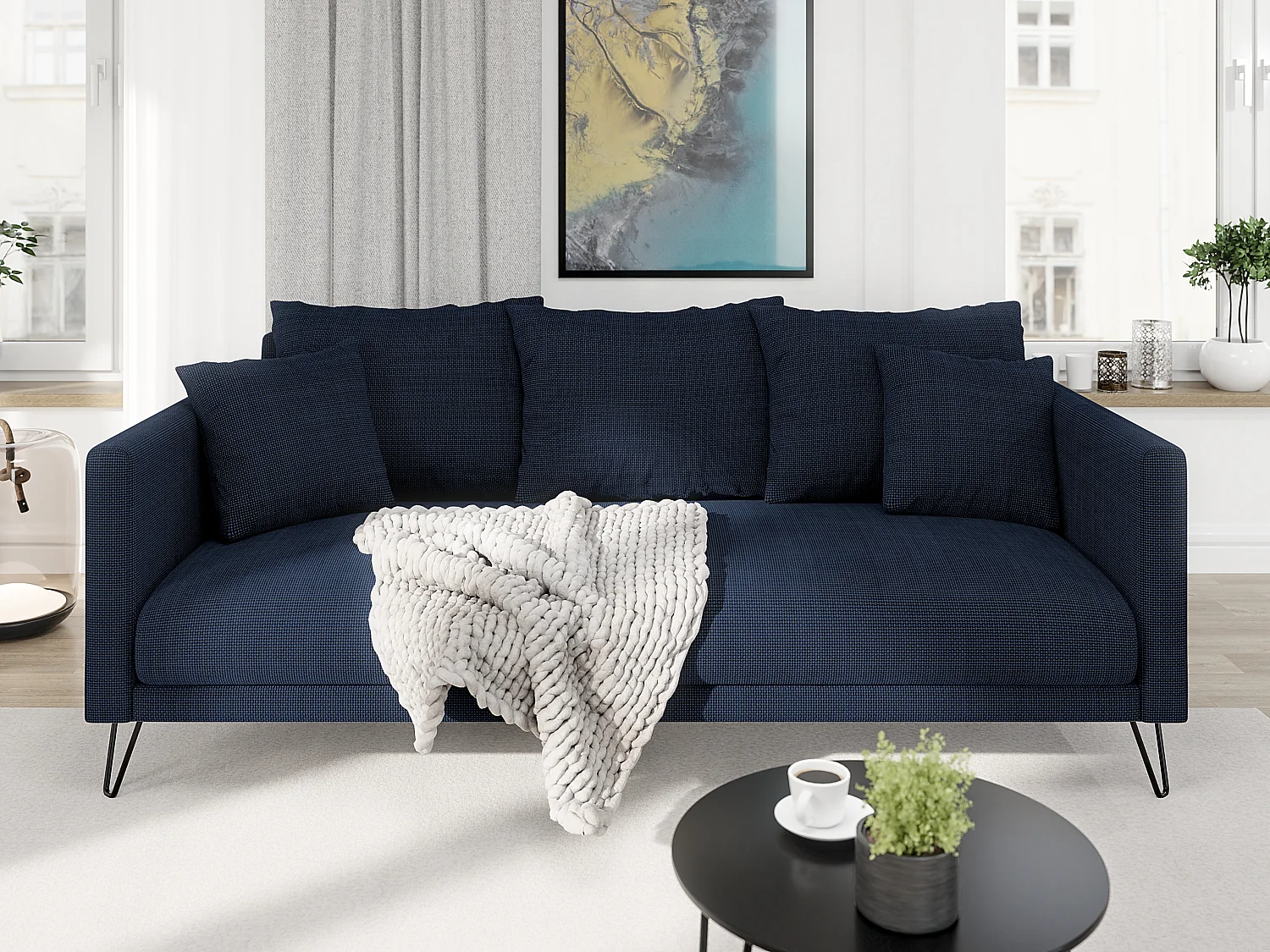Harmony - Modernes Sofa 3-Sitzer aus Marineblau Chenille-Stoff mit Hohen Schwarzen Metallfüßen