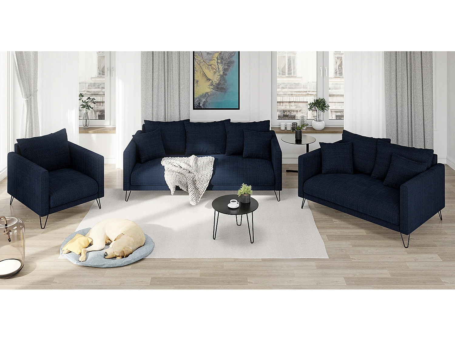 Harmony - Modernes Sofa 3-Sitzer aus Marineblau Chenille-Stoff mit Hohen Schwarzen Metallfüßen