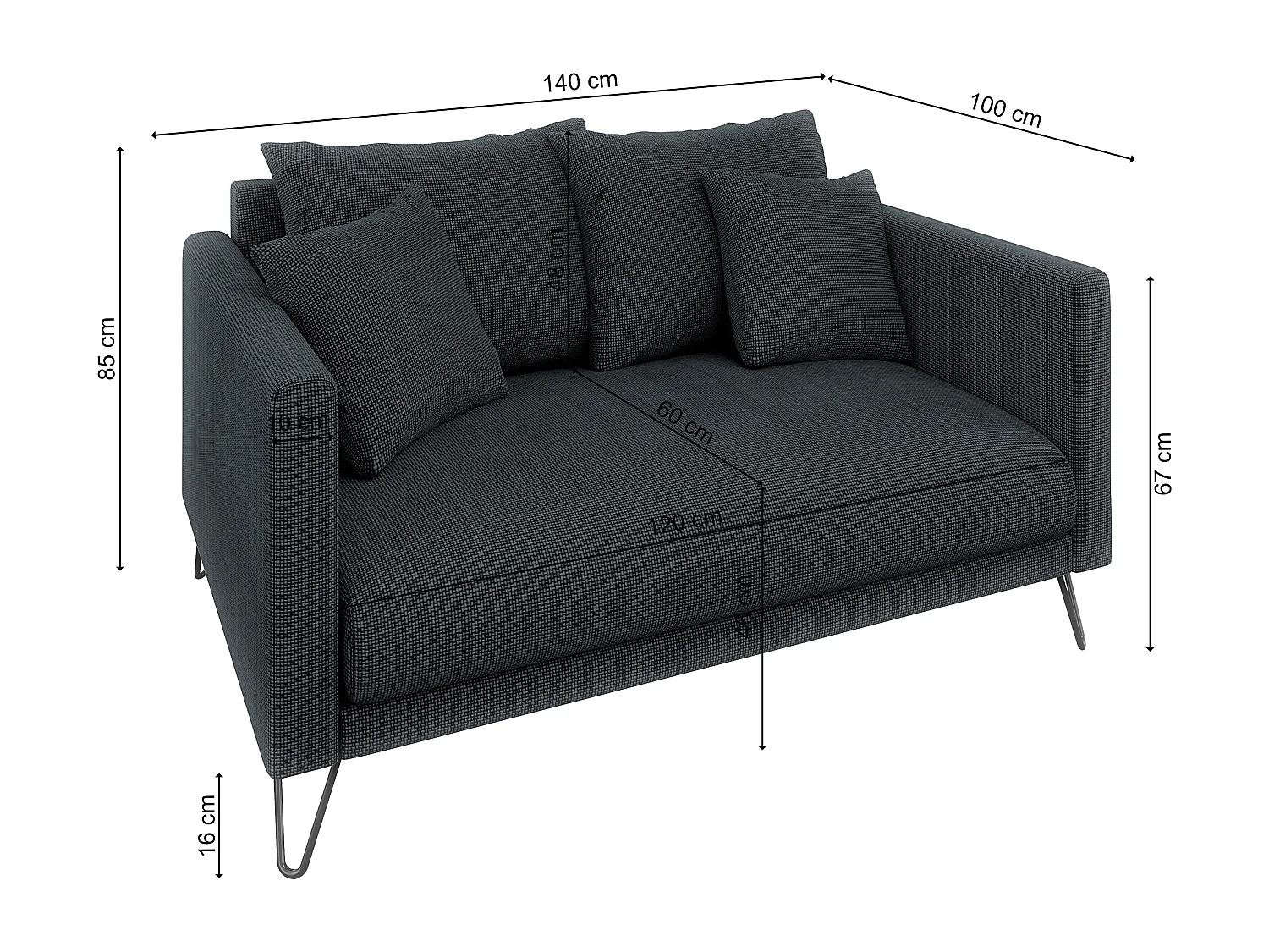Harmony - Modernes Sofa 2-Sitzer aus Graphit Chenille-Stoff mit Hohen Schwarzen Metallfüßen