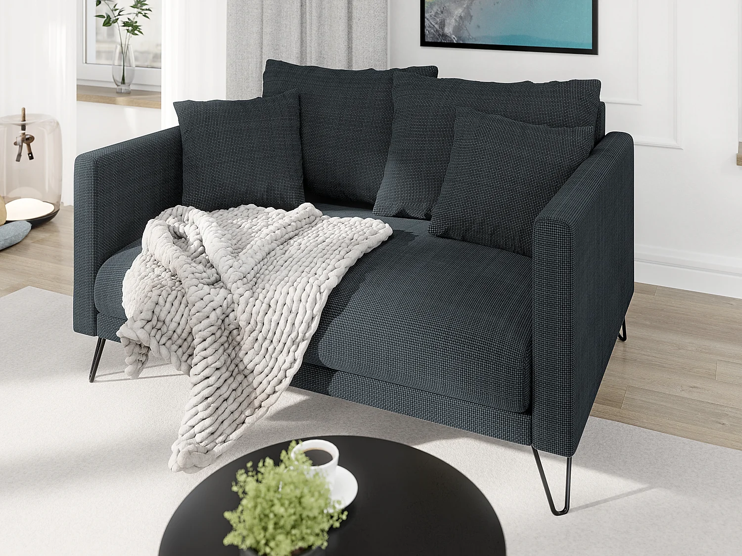 Harmony - Modernes Sofa 2-Sitzer aus Graphit Chenille-Stoff mit Hohen Schwarzen Metallfüßen