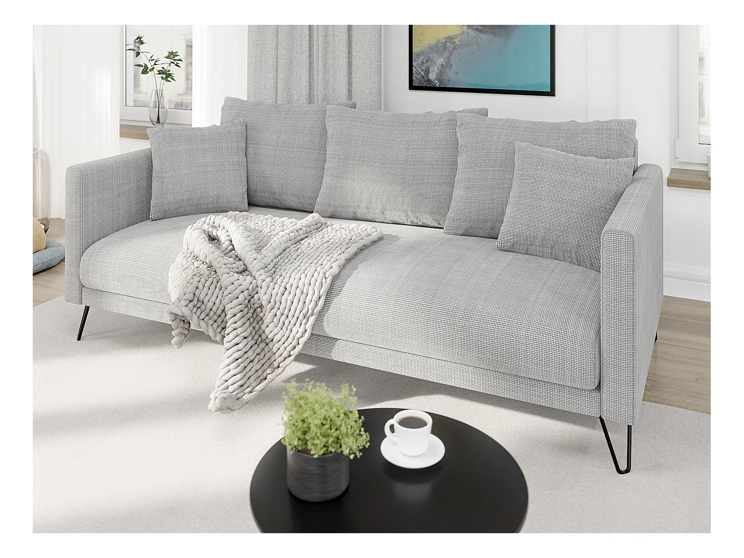 Harmony - Modernes Sofa 3-Sitzer aus Hellgrau Chenille-Stoff mit Hohen Schwarzen Metallfüßen