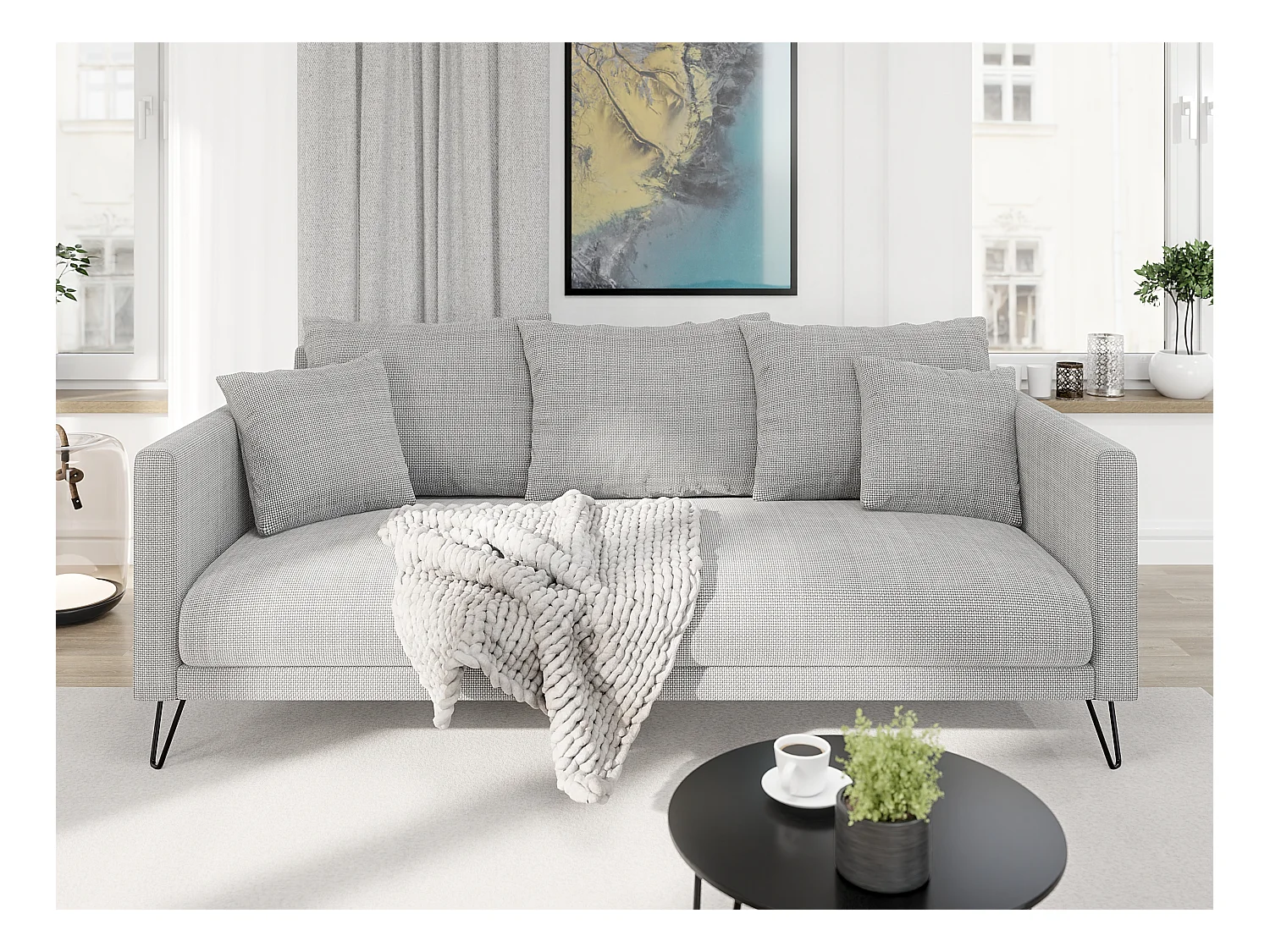 Harmony - Modernes Sofa 3-Sitzer aus Hellgrau Chenille-Stoff mit Hohen Schwarzen Metallfüßen