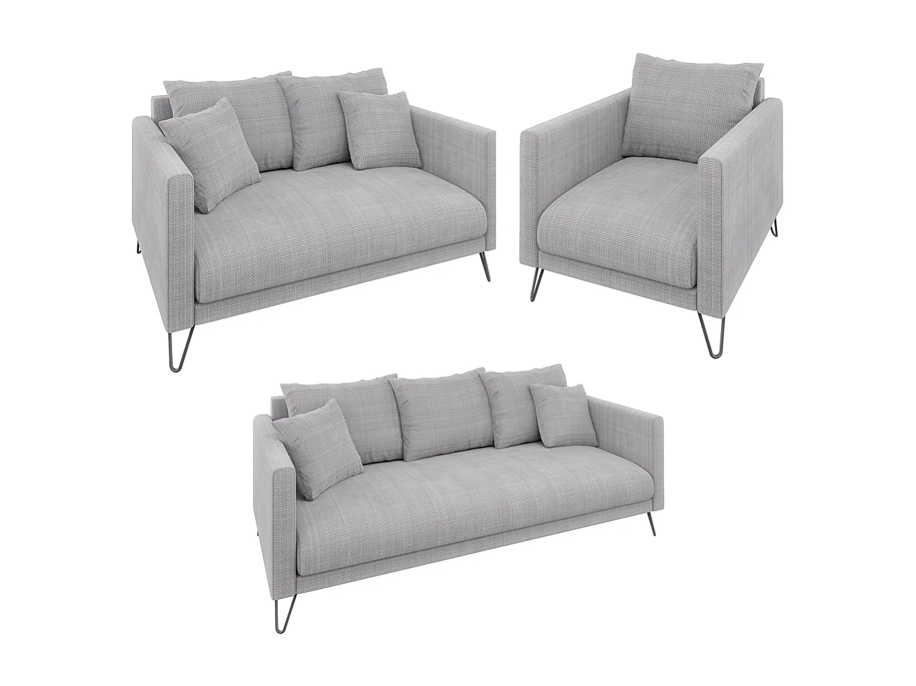 Harmony - Modernes Sofa 3-Sitzer aus Hellgrau Chenille-Stoff mit Hohen Schwarzen Metallfüßen