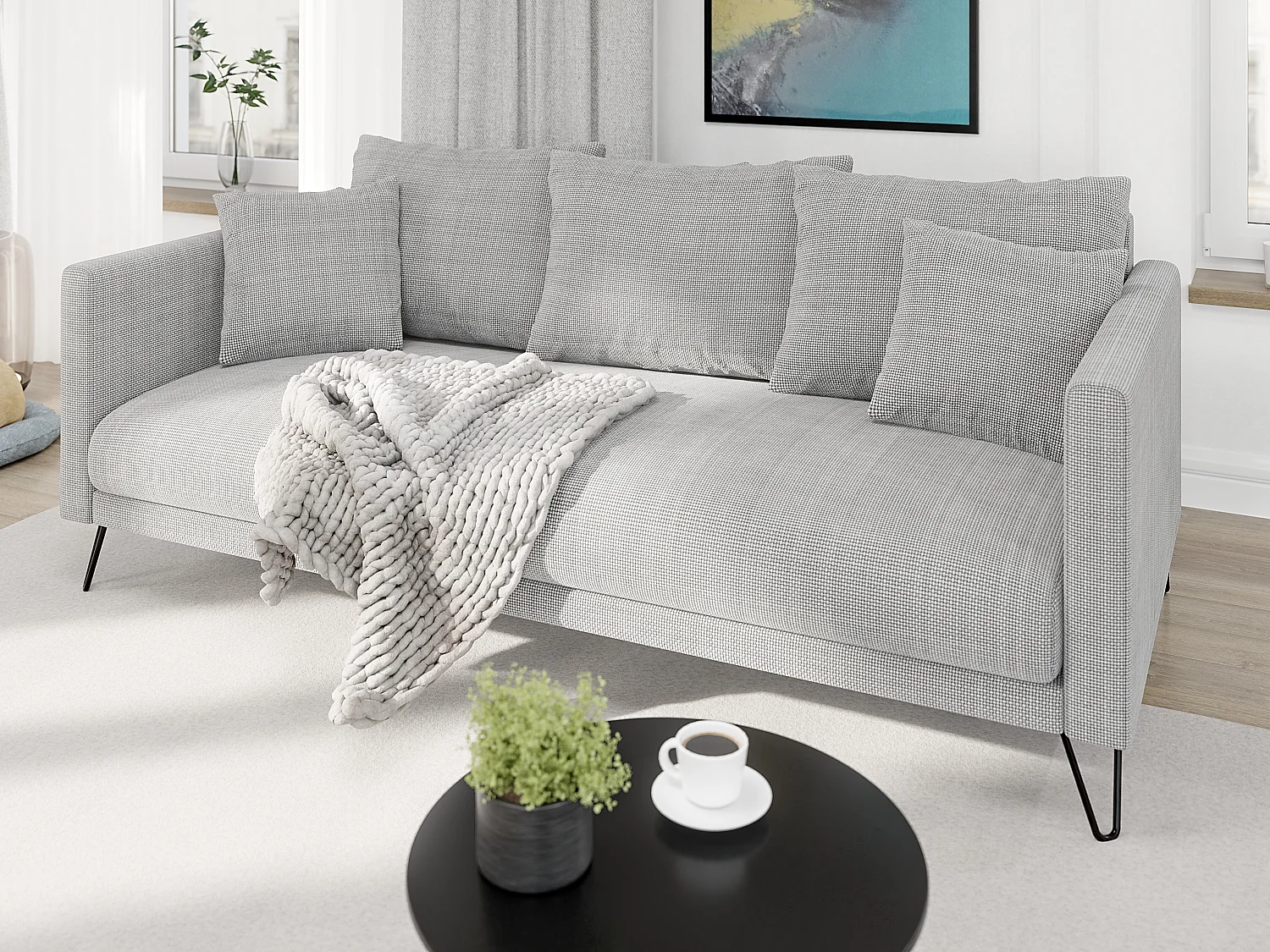 Harmony - Modernes Sofa 3-Sitzer aus Hellgrau Chenille-Stoff mit Hohen Schwarzen Metallfüßen