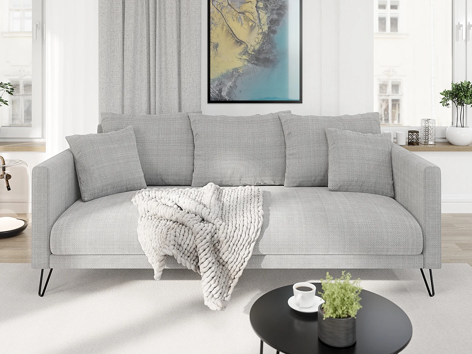 Harmony - Modernes Sofa 3-Sitzer aus Hellgrau Chenille-Stoff mit Hohen Schwarzen Metallfüßen