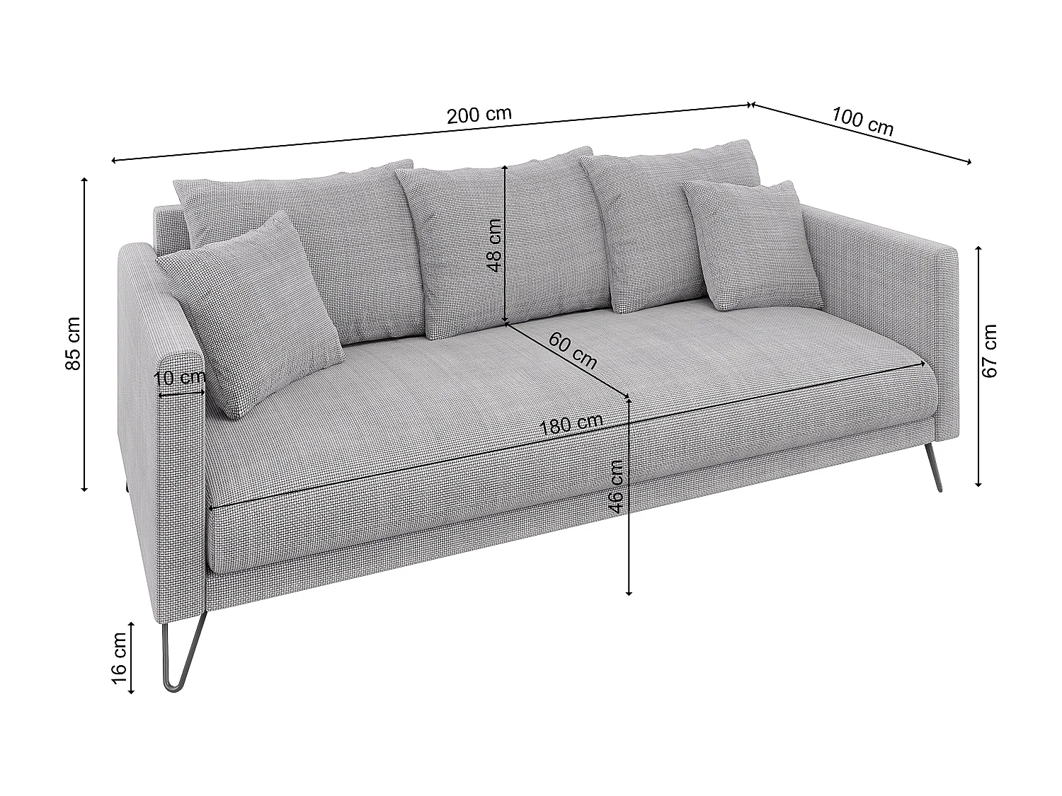 Harmony - Modernes Sofa 3-Sitzer aus Hellgrau Chenille-Stoff mit Hohen Schwarzen Metallfüßen