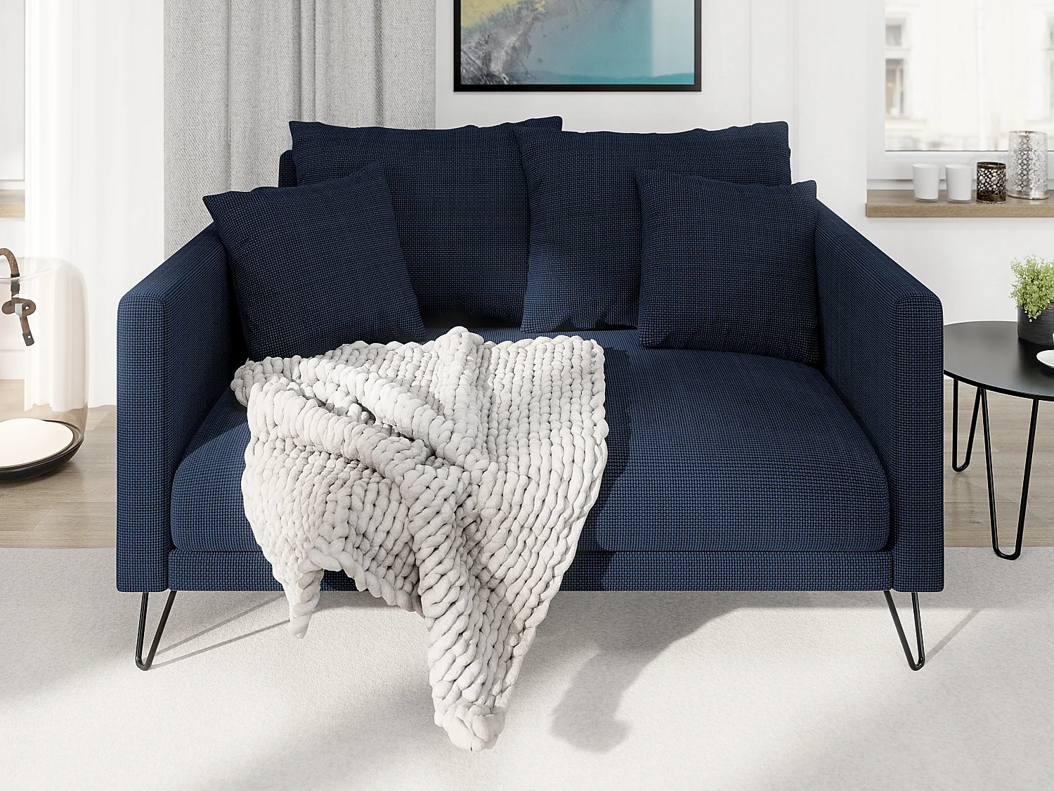 Harmony - Modernes Sofa 2-Sitzer aus Marineblau Chenille-Stoff mit Hohen Schwarzen Metallfüßen