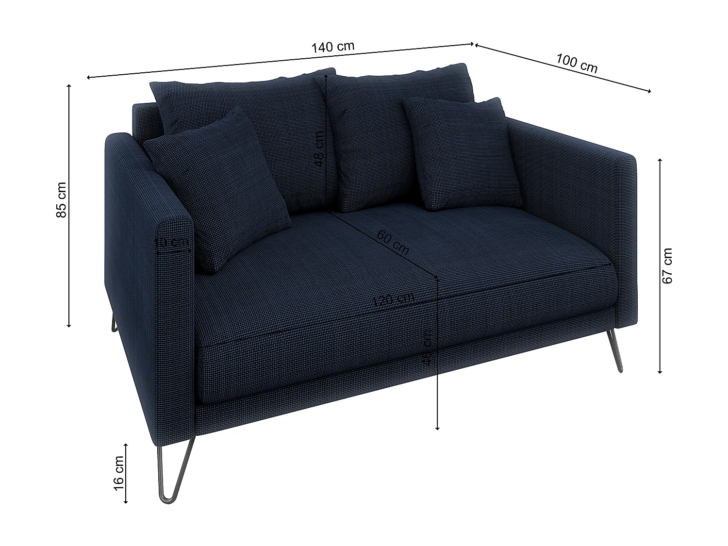Harmony - Modernes Sofa 2-Sitzer aus Marineblau Chenille-Stoff mit Hohen Schwarzen Metallfüßen