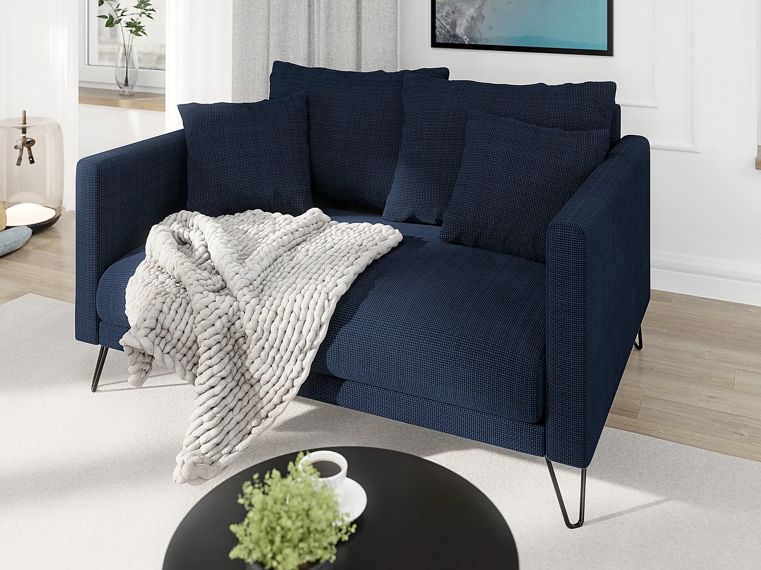 Harmony - Modernes Sofa 2-Sitzer aus Marineblau Chenille-Stoff mit Hohen Schwarzen Metallfüßen
