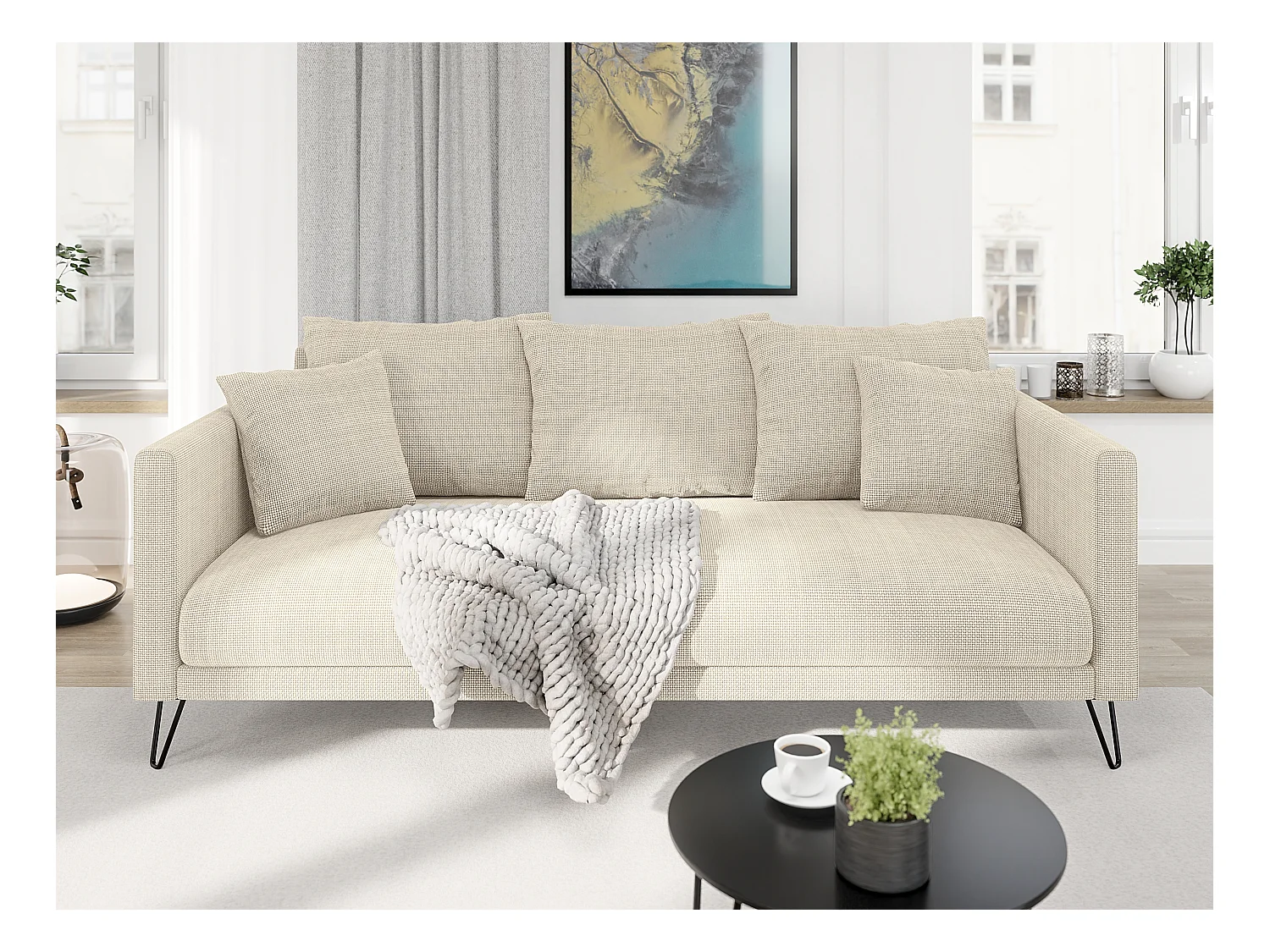 Harmony - Modernes Sofa 3-Sitzer aus Beige Chenille-Stoff mit Hohen Schwarzen Metallfüßen