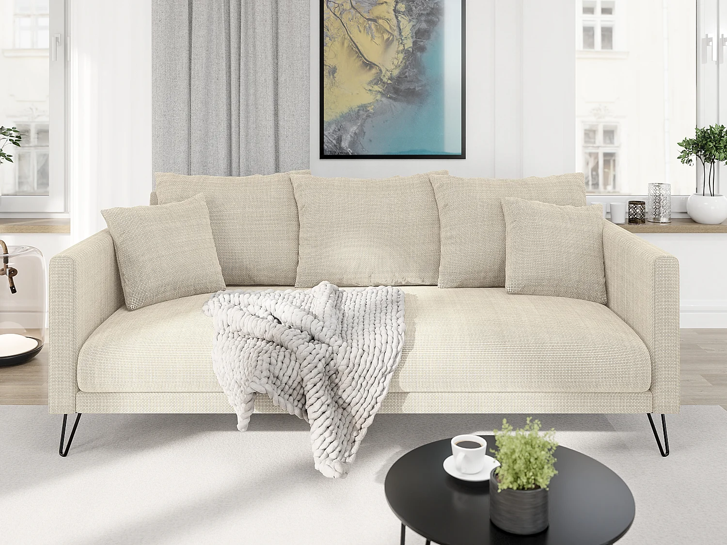 Harmony - Modernes Sofa 3-Sitzer aus Beige Chenille-Stoff mit Hohen Schwarzen Metallfüßen