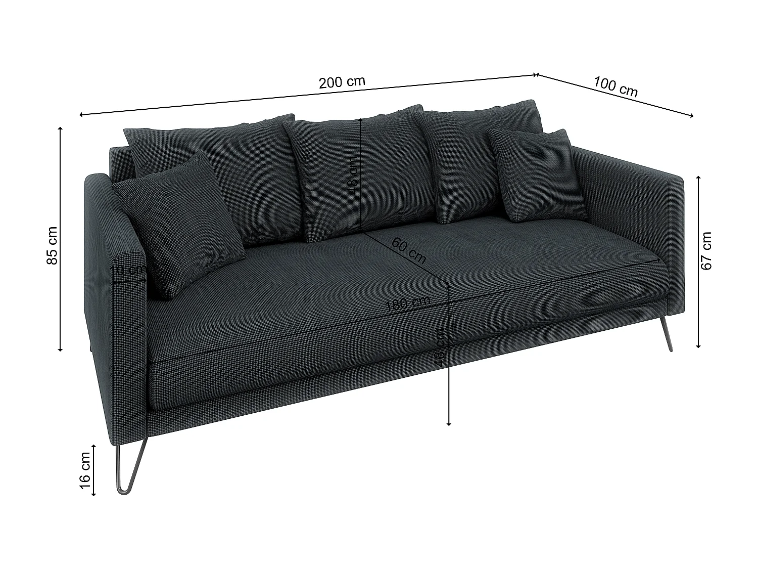 Harmony - Modernes Sofa 3-Sitzer aus Graphit Chenille-Stoff mit Hohen Schwarzen Metallfüßen