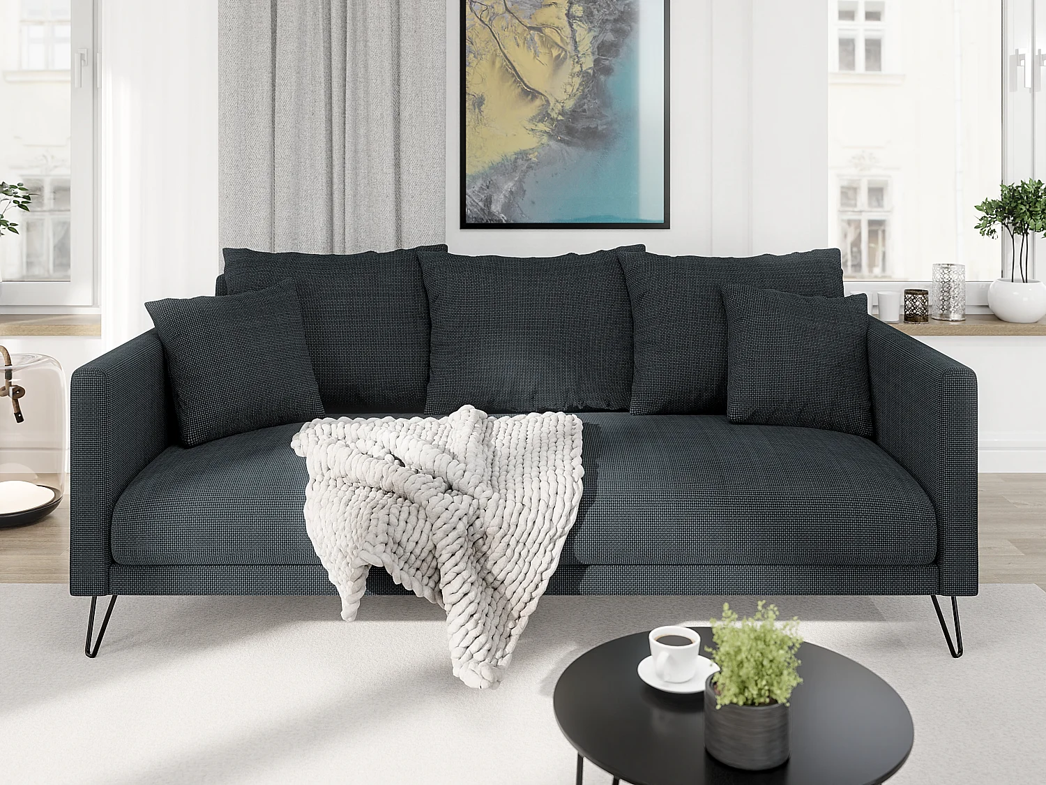 Harmony - Modernes Sofa 3-Sitzer aus Graphit Chenille-Stoff mit Hohen Schwarzen Metallfüßen
