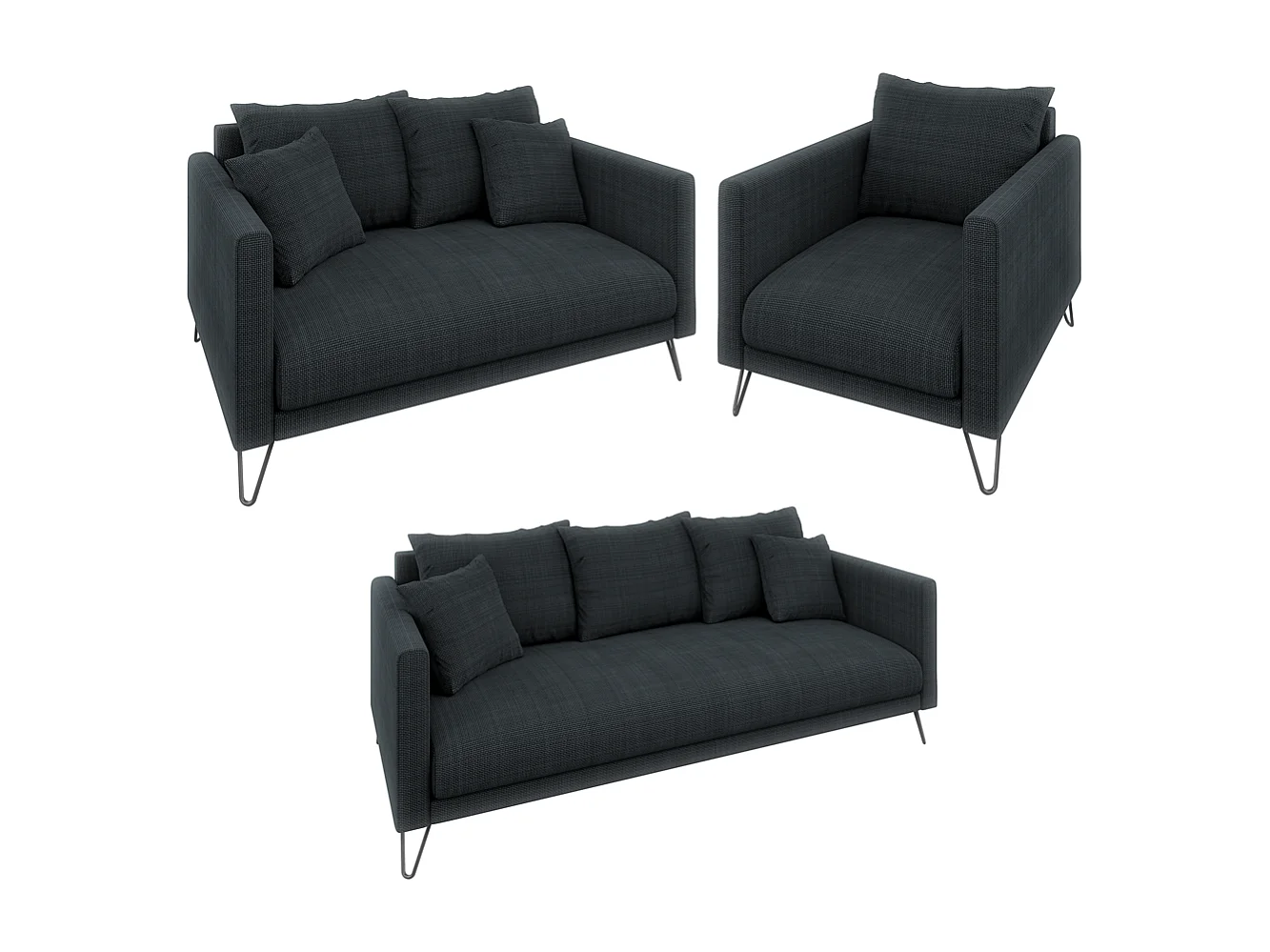 Harmony - Modernes Sofa 3-Sitzer aus Graphit Chenille-Stoff mit Hohen Schwarzen Metallfüßen