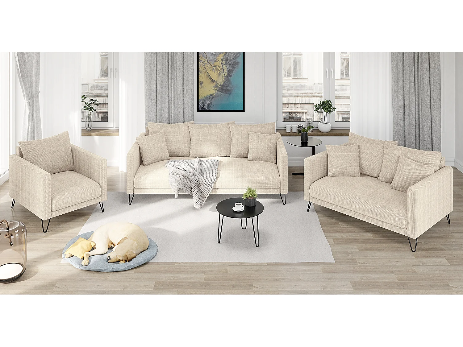 Harmony - Modernes Sofa 2-Sitzer aus Beige Chenille-Stoff mit Hohen Schwarzen Metallfüßen