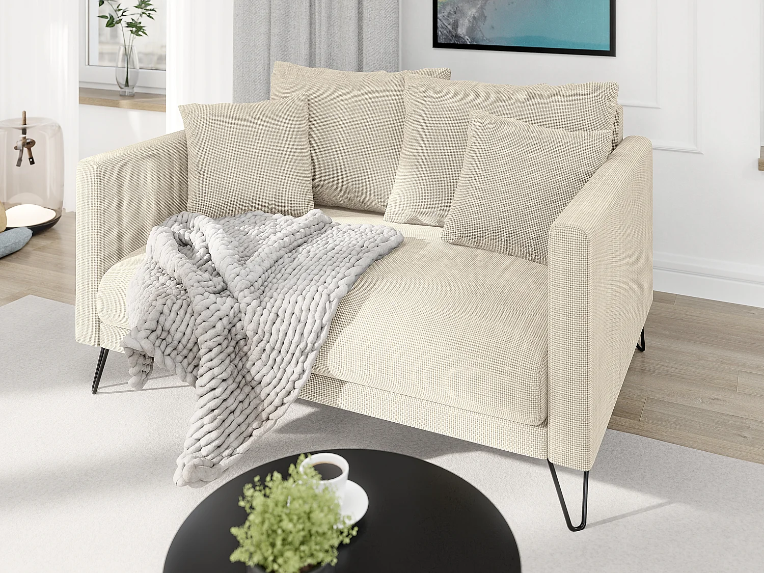 Harmony - Modernes Sofa 2-Sitzer aus Beige Chenille-Stoff mit Hohen Schwarzen Metallfüßen