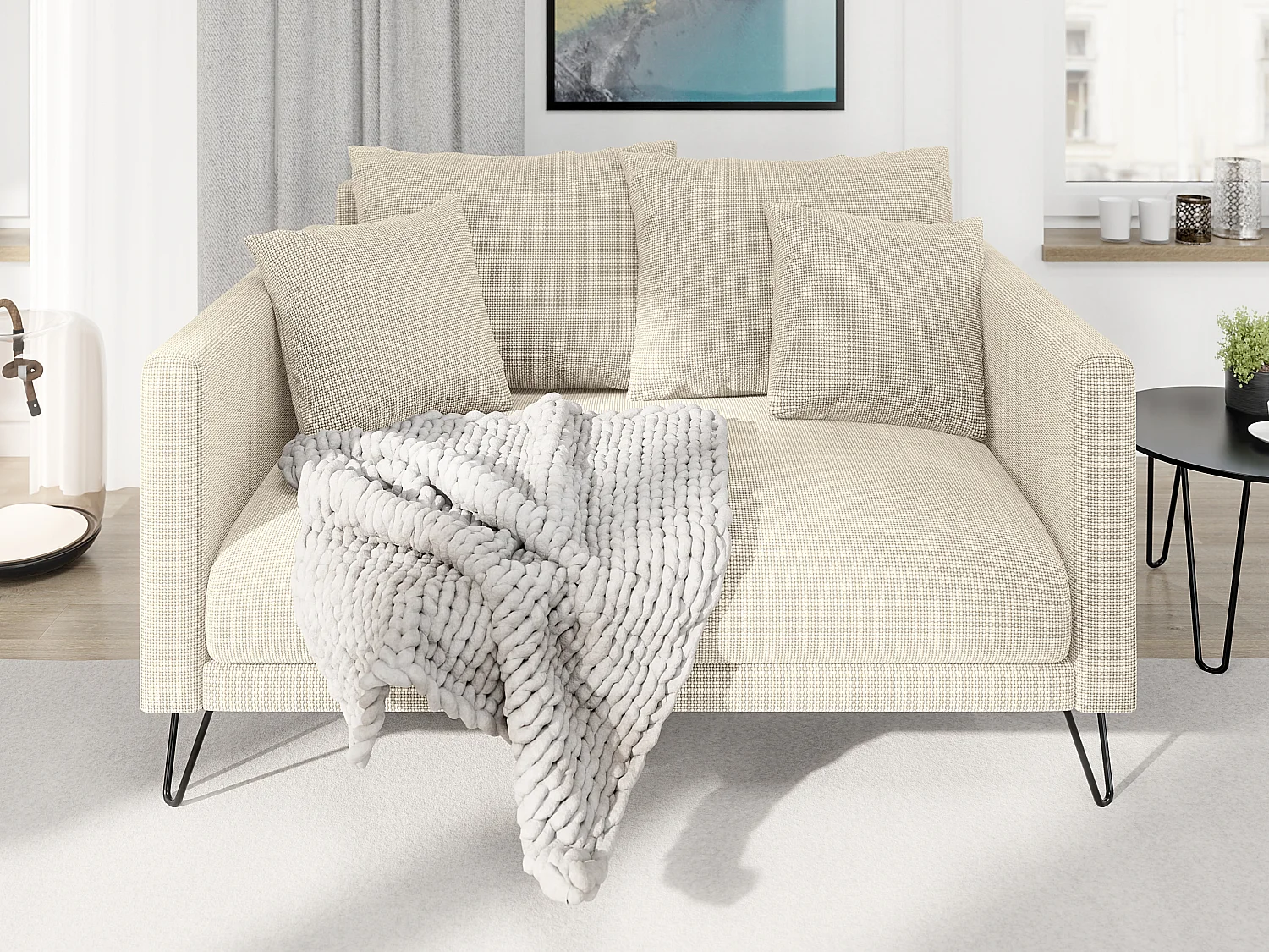 Harmony - Modernes Sofa 2-Sitzer aus Beige Chenille-Stoff mit Hohen Schwarzen Metallfüßen