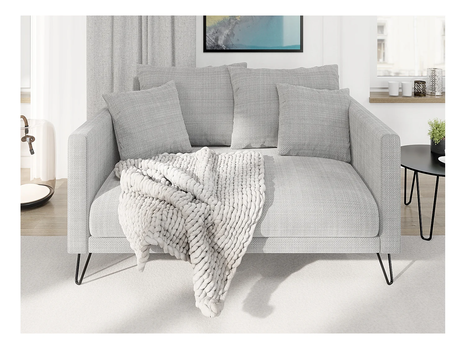 Harmony - Modernes Sofa 2-Sitzer aus Hellgrau Chenille-Stoff mit Hohen Schwarzen Metallfüßen