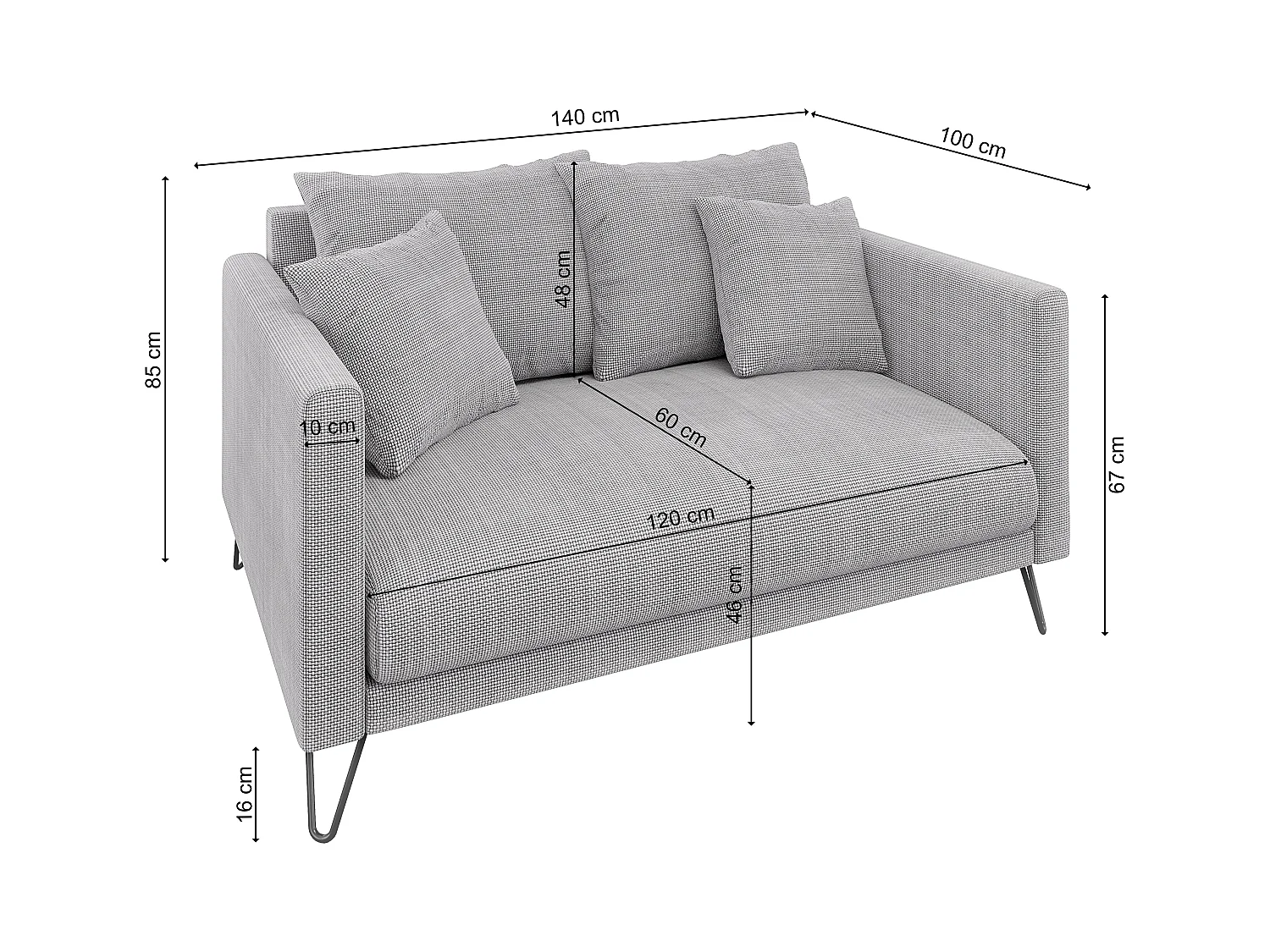 Harmony - Modernes Sofa 2-Sitzer aus Hellgrau Chenille-Stoff mit Hohen Schwarzen Metallfüßen