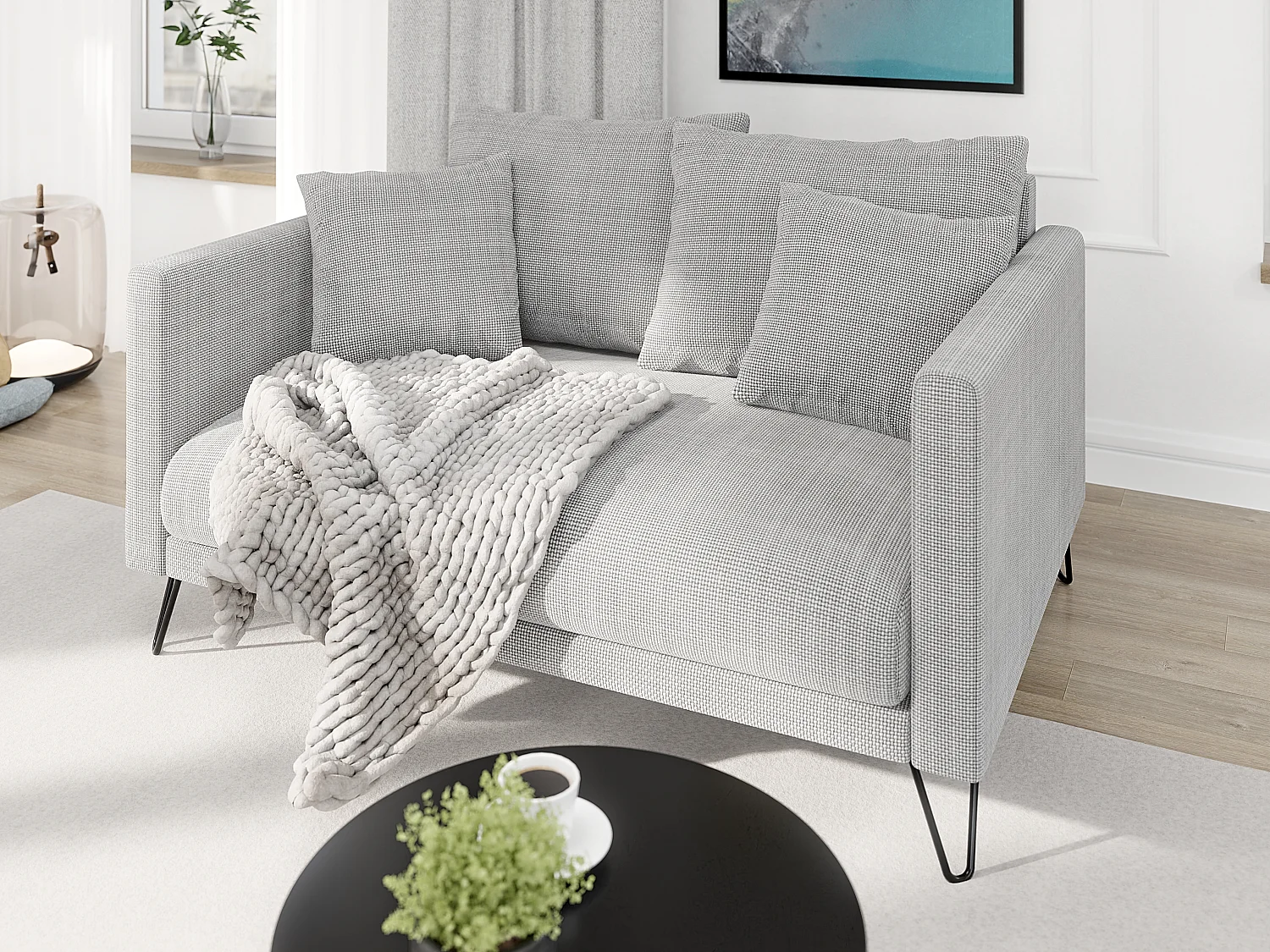 Harmony - Modernes Sofa 2-Sitzer aus Hellgrau Chenille-Stoff mit Hohen Schwarzen Metallfüßen
