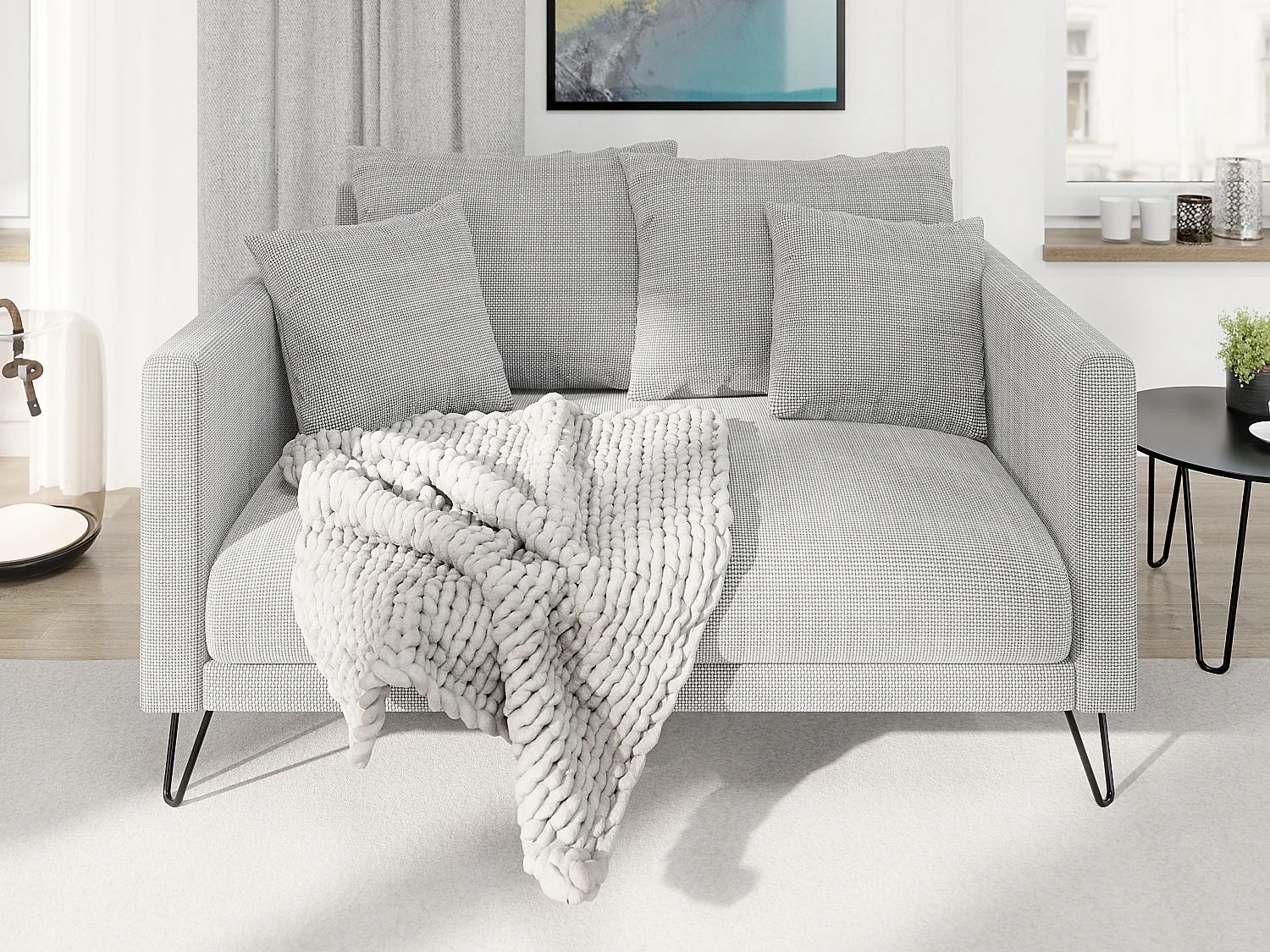 Harmony - Modernes Sofa 2-Sitzer aus Hellgrau Chenille-Stoff mit Hohen Schwarzen Metallfüßen